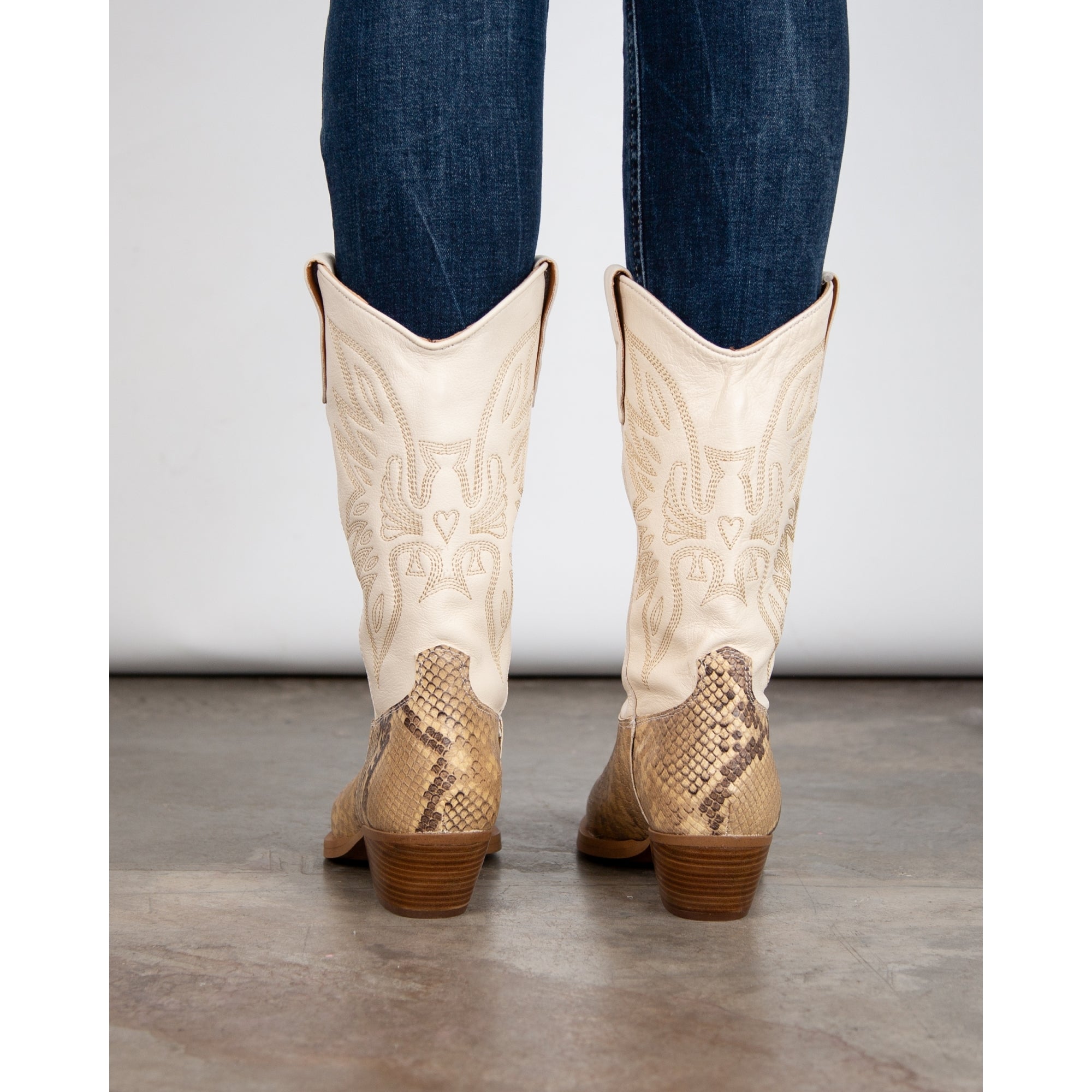 Alpe Mid Length Stitched Leather & Snake Cowboy Boots Cream/beige