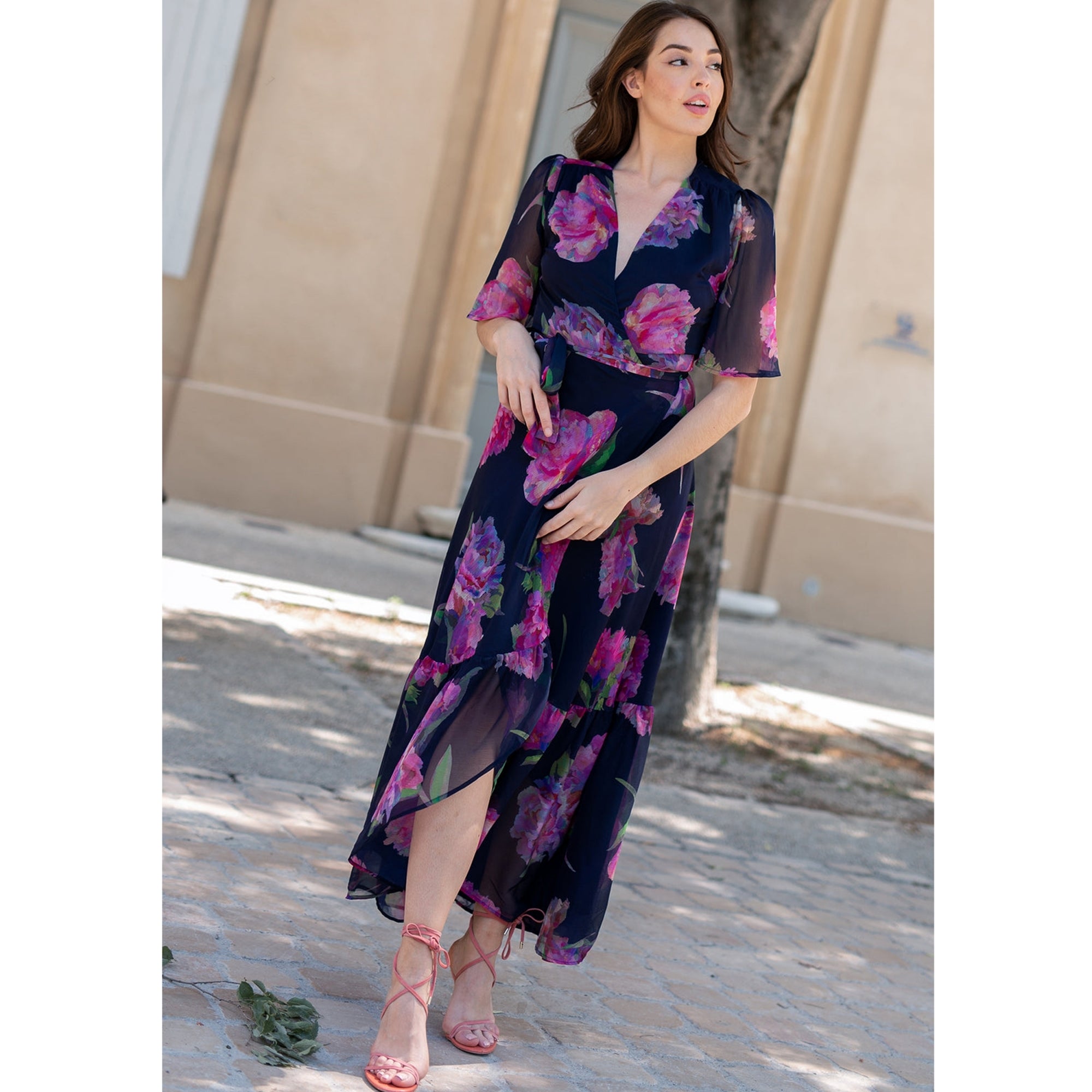 Hope And Ivy Ashia Floral Tie Side Wrap Dress With Tiered Hem Navy/pink