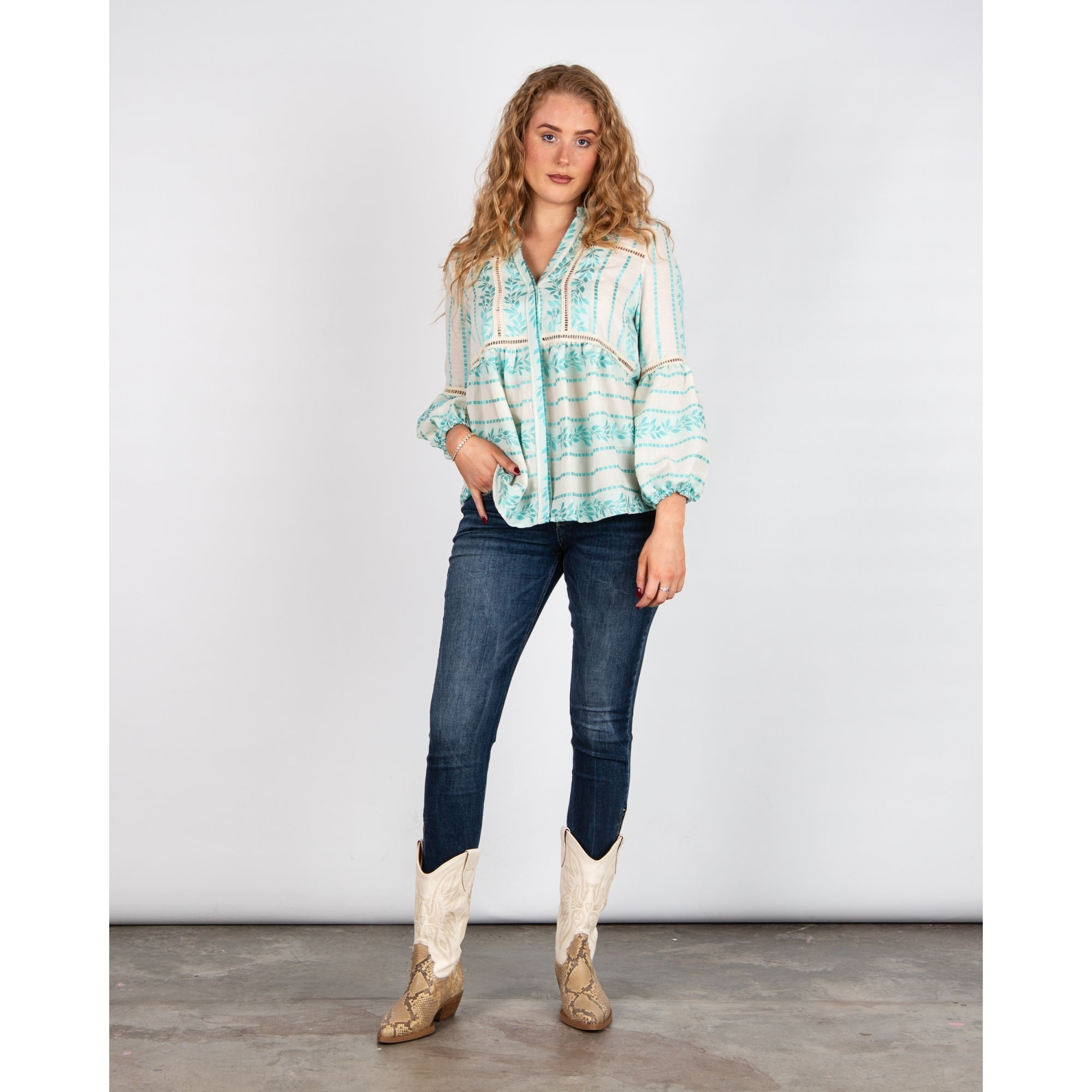 Kasia Cut Out Embroidered Balloon Sleeve Boho Blouse Turquoise/Ecru