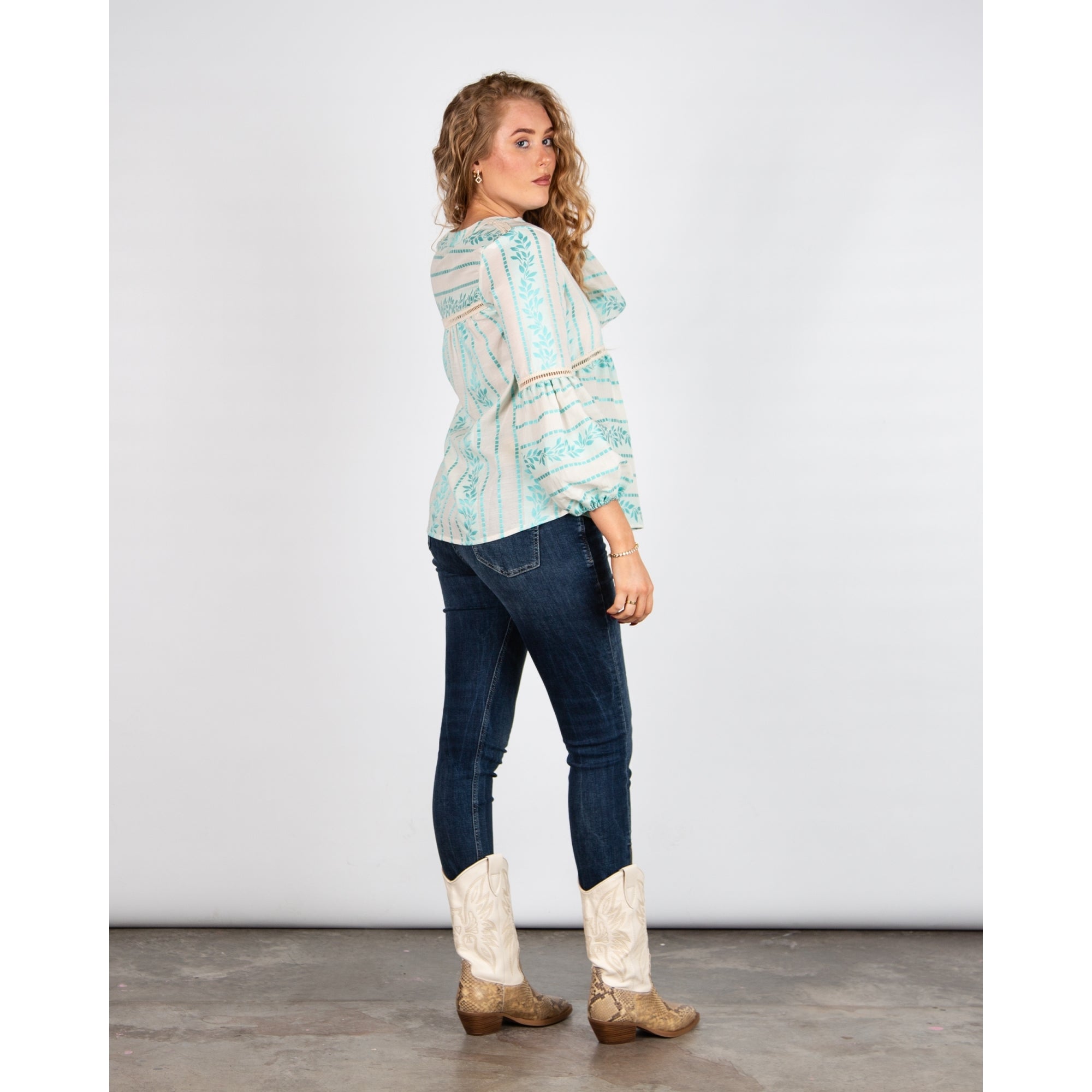 Kasia Cut Out Embroidered Balloon Sleeve Boho Blouse Turquoise/Ecru