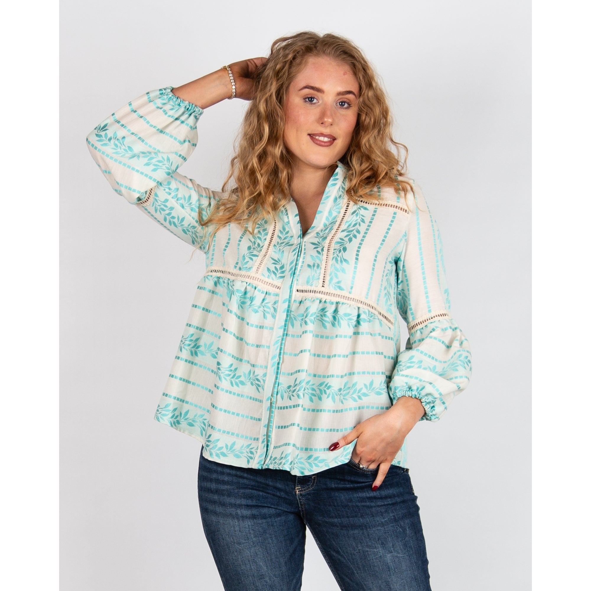 Kasia Cut Out Embroidered Balloon Sleeve Boho Blouse Turquoise/Ecru