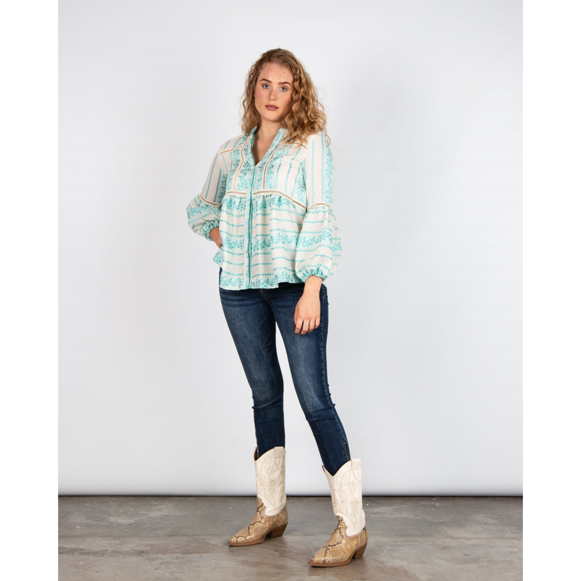 Kasia Cut Out Embroidered Balloon Sleeve Boho Blouse Turquoise/Ecru