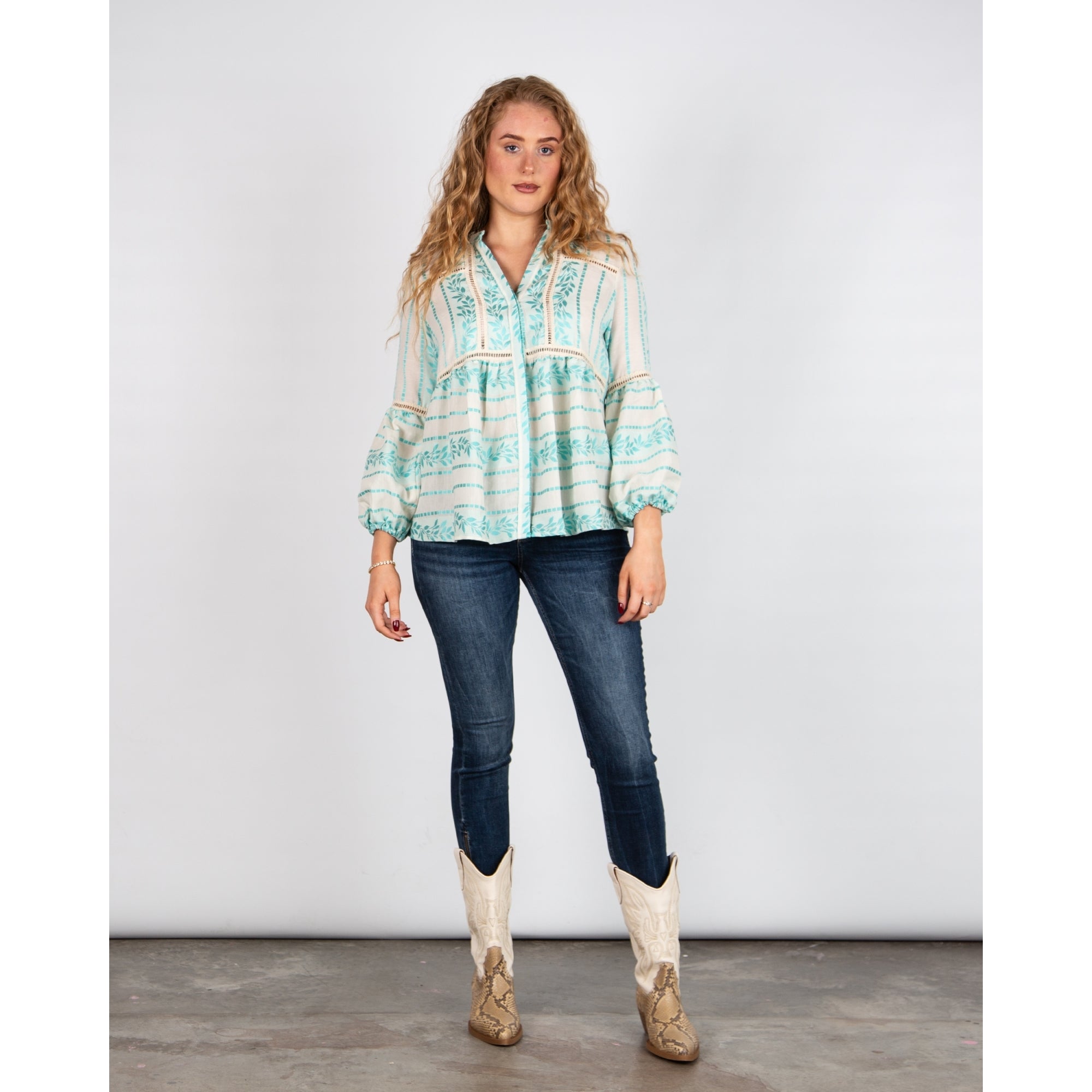 Kasia Cut Out Embroidered Balloon Sleeve Boho Blouse Turquoise/Ecru