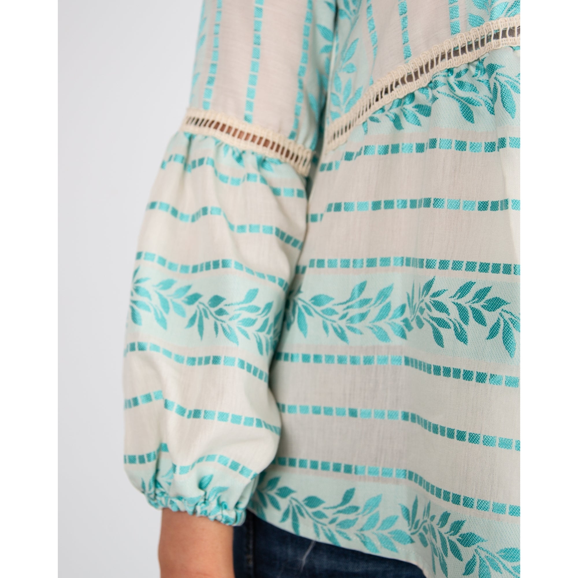 Kasia Cut Out Embroidered Balloon Sleeve Boho Blouse Turquoise/Ecru