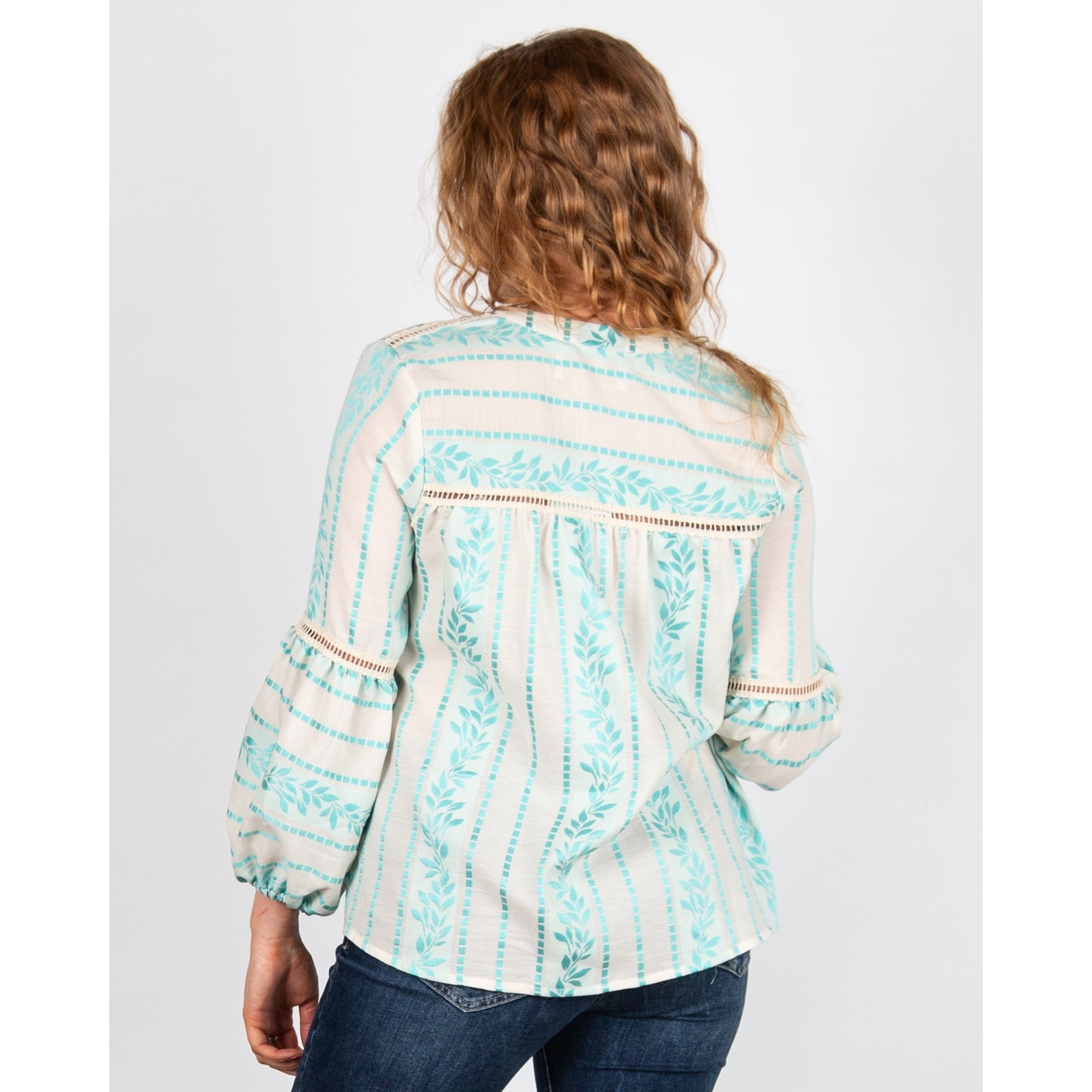 Kasia Cut Out Embroidered Balloon Sleeve Boho Blouse Turquoise/Ecru