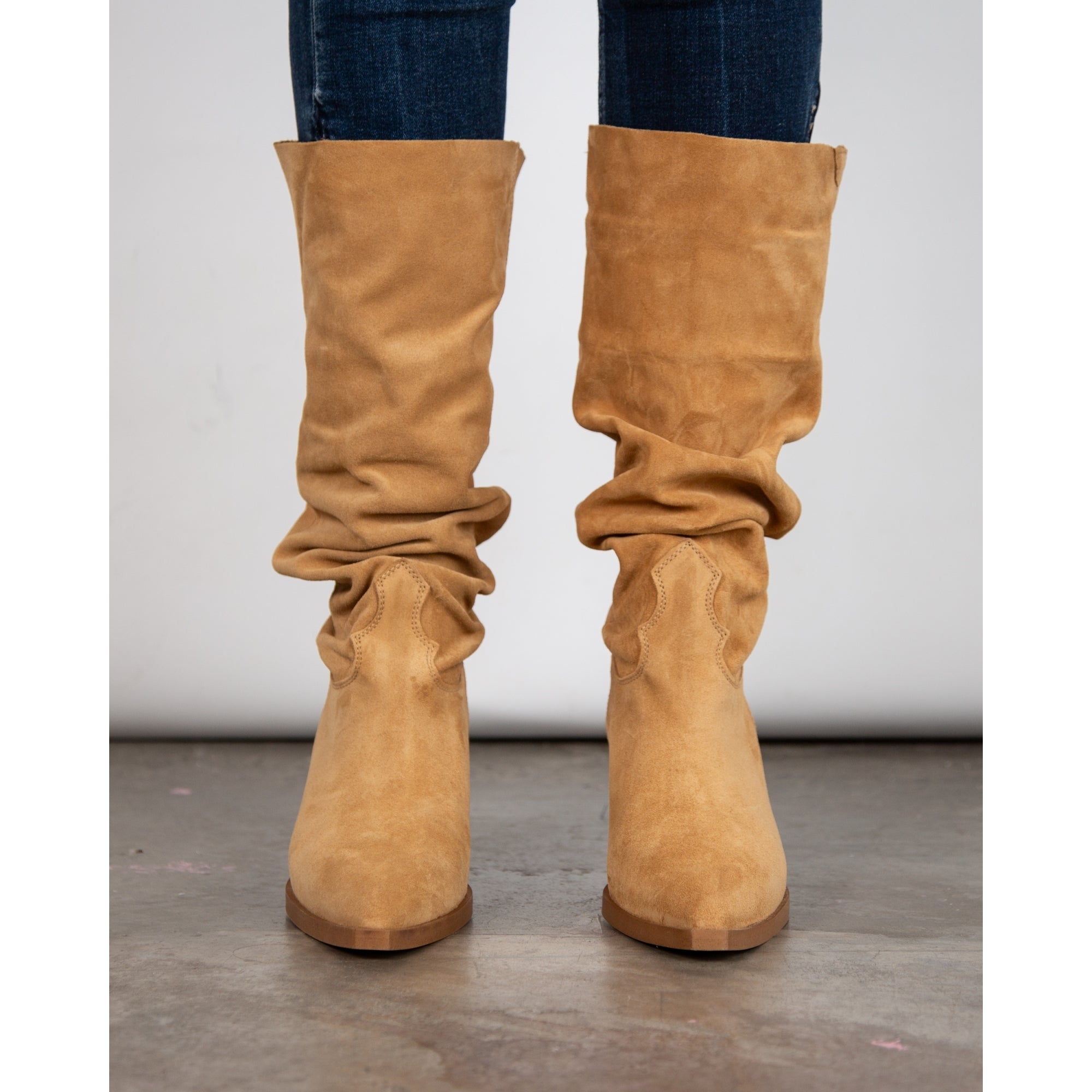 Alpe Ruched Loose Leg Suede Western Boot Light Tan