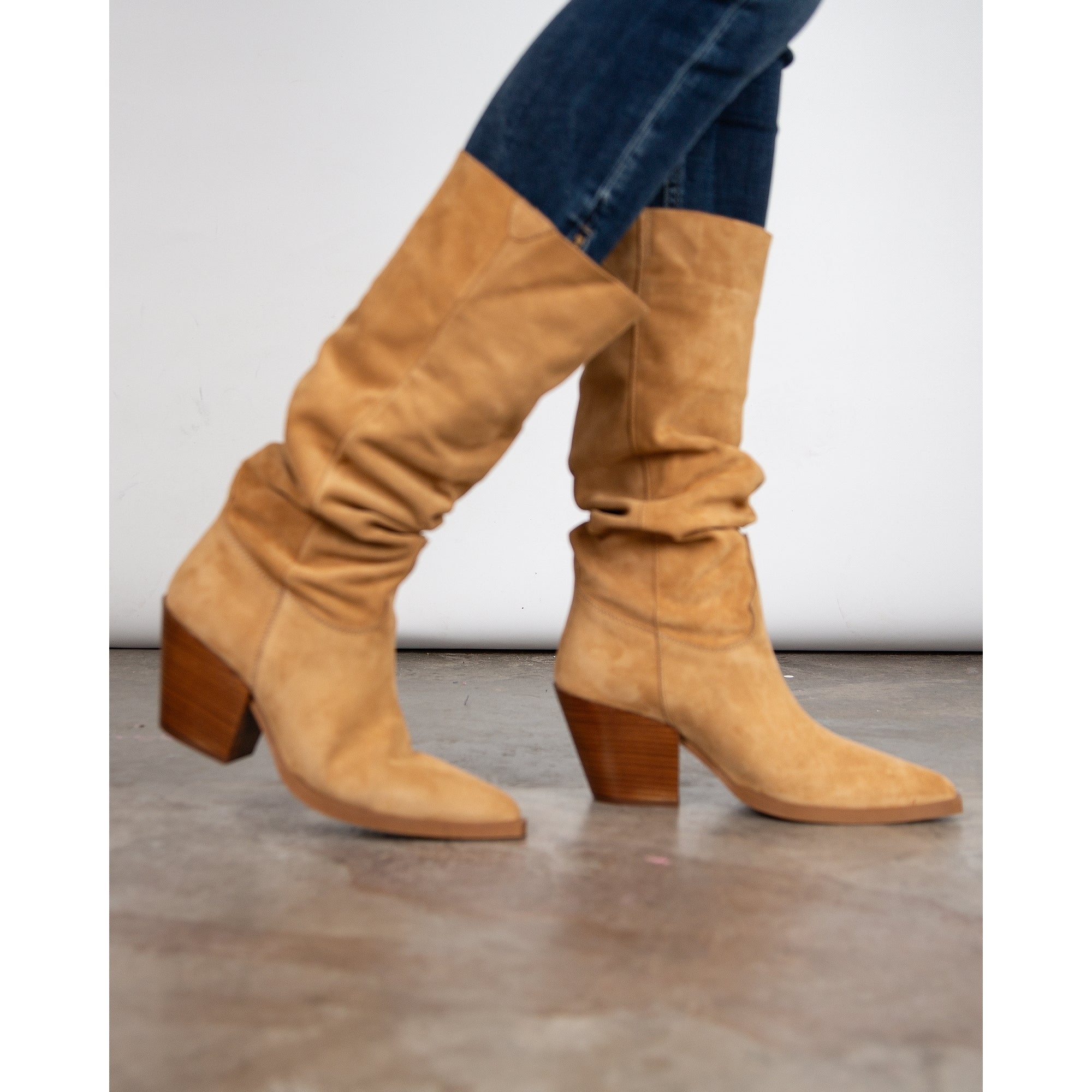 Alpe Ruched Loose Leg Suede Western Boot Light Tan