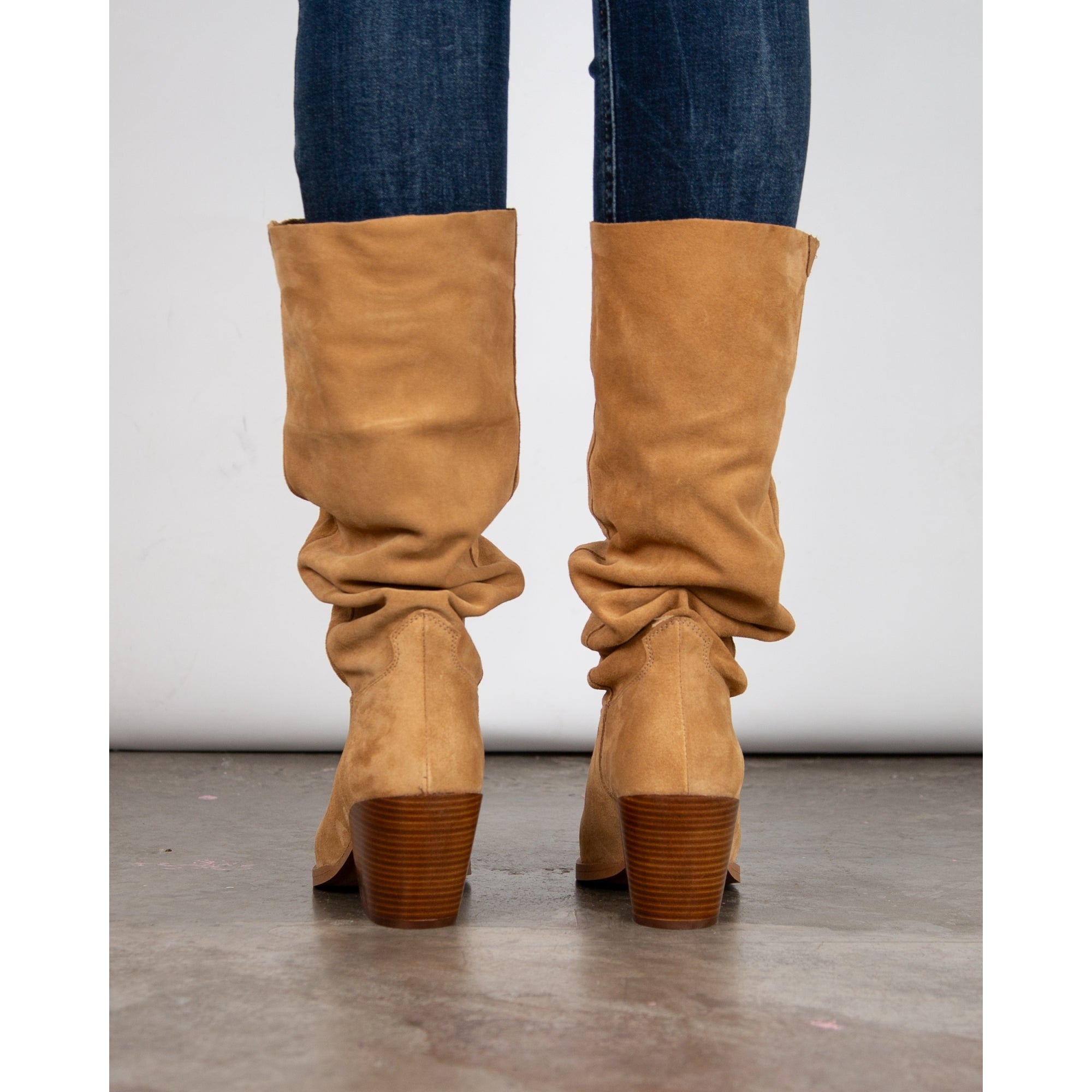 Alpe Ruched Loose Leg Suede Western Boot Light Tan