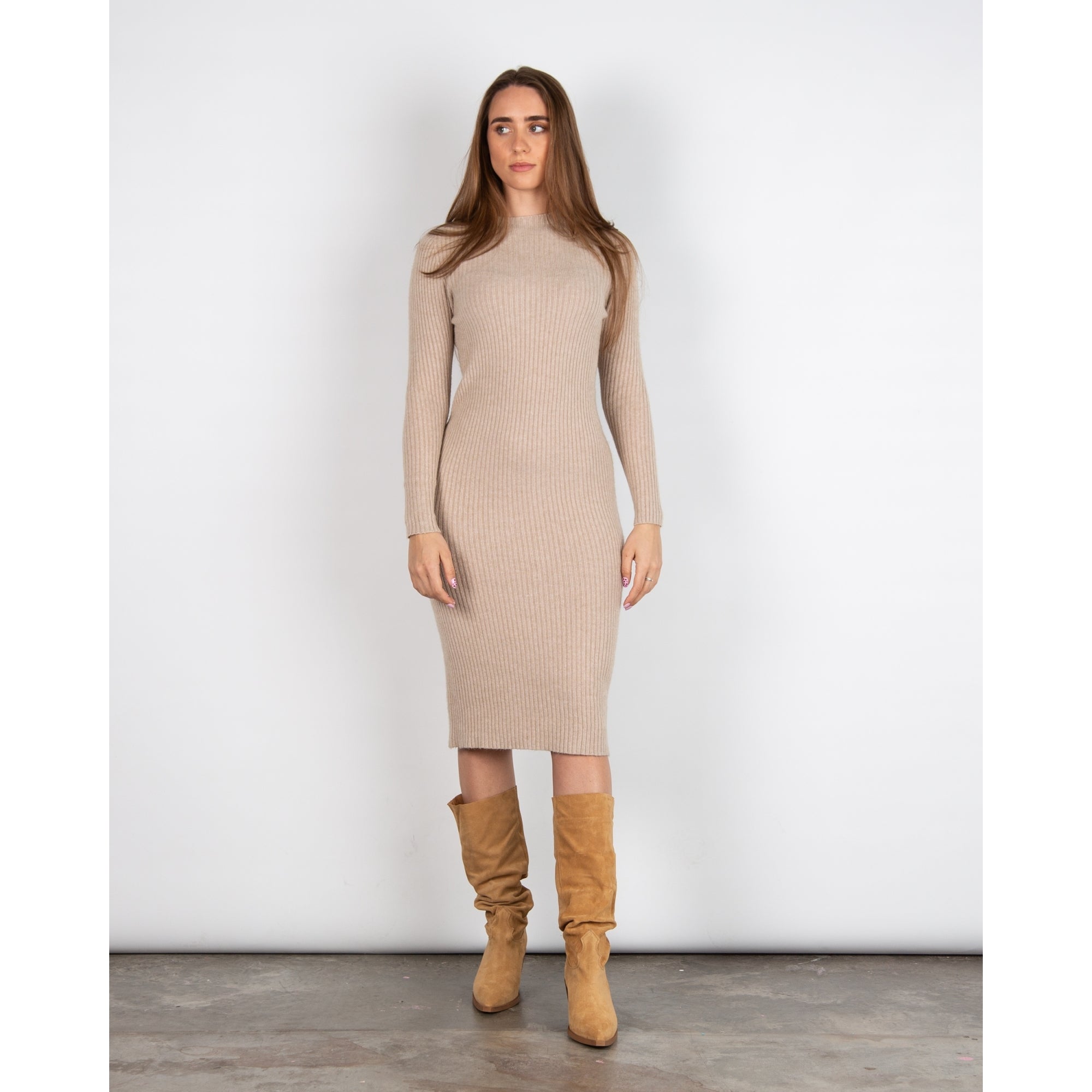 Amazing Woman Paola Crew Neck Neck Rib Fitted Midi Dress Beige 082