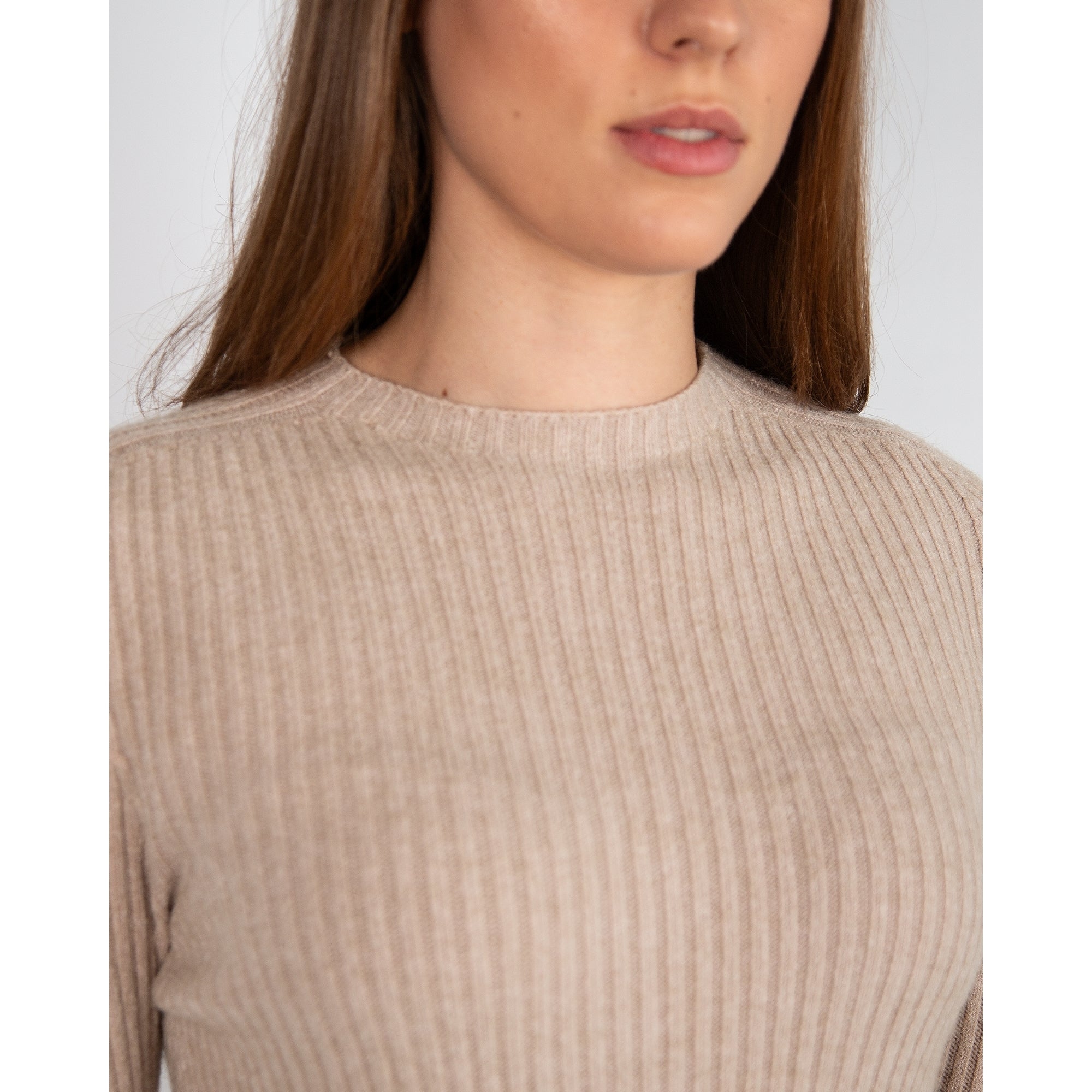 Amazing Woman Paola Crew Neck Neck Rib Fitted Midi Dress Beige 082