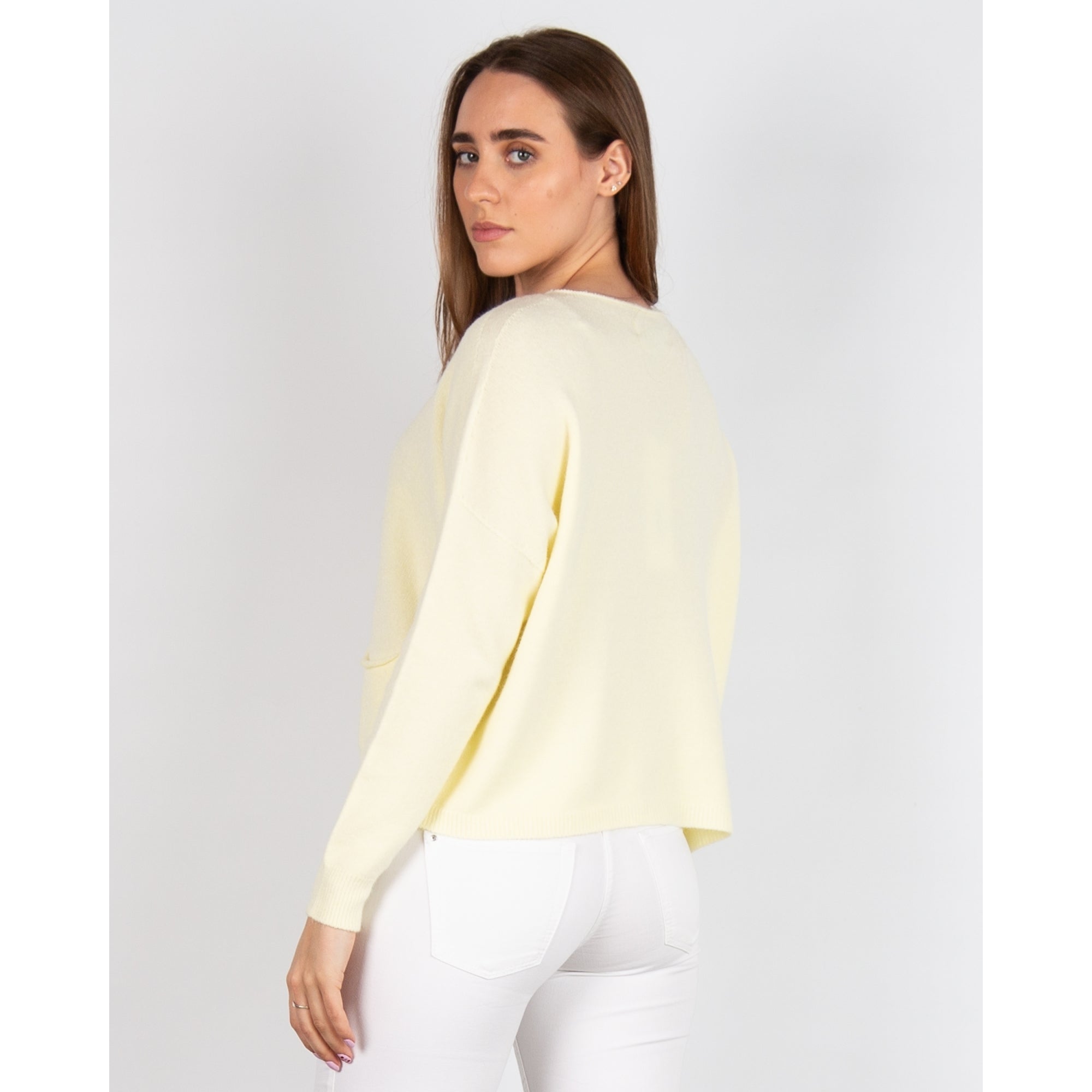 Amazing Woman Jodie Round Neck Pocket Front Soft Knit Jumper Pale Lemon 06
