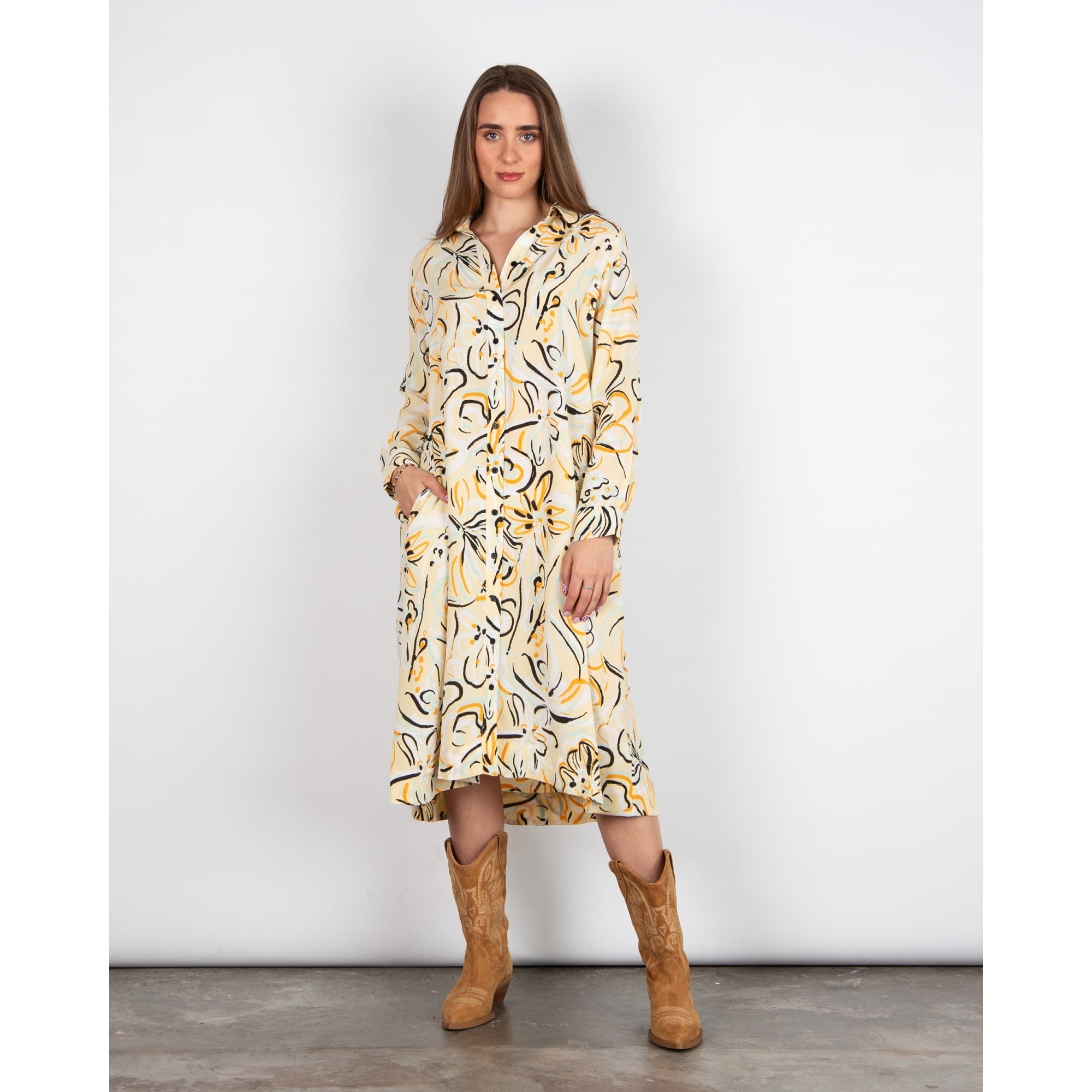 Masai Nausica Sketched Flower Print Tie Waist Shirt Dress Yellow/black