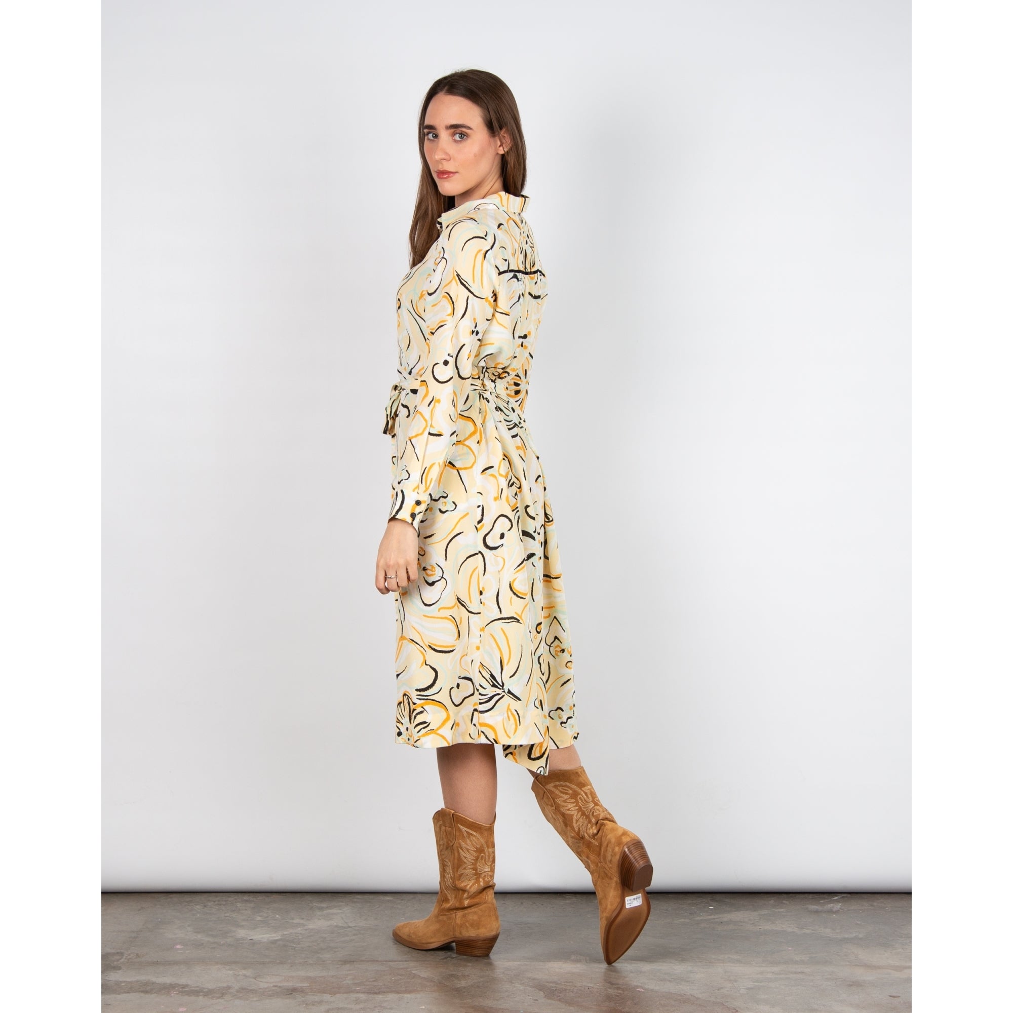 Masai Nausica Sketched Flower Print Tie Waist Shirt Dress Yellow/black