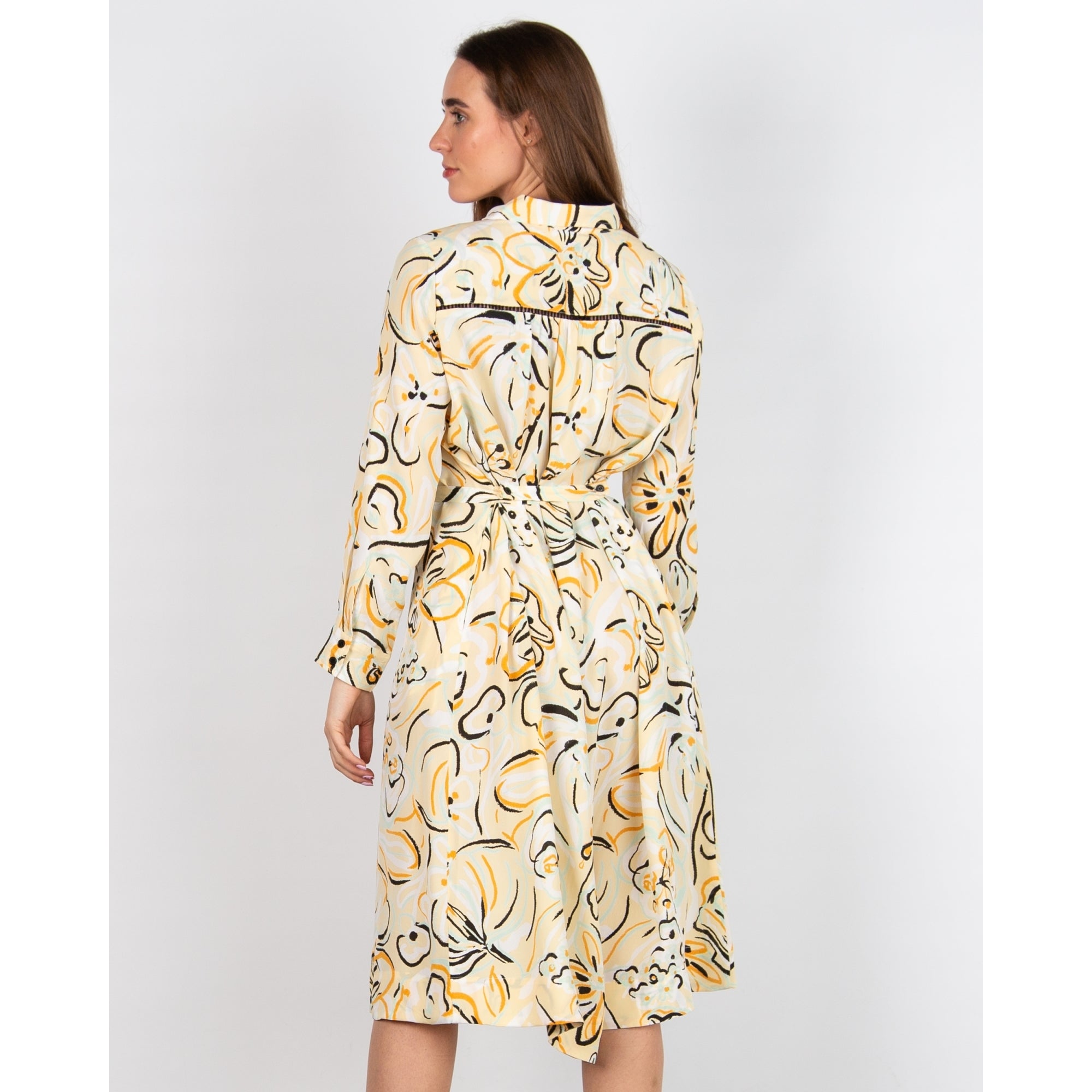 Masai Nausica Sketched Flower Print Tie Waist Shirt Dress Yellow/black