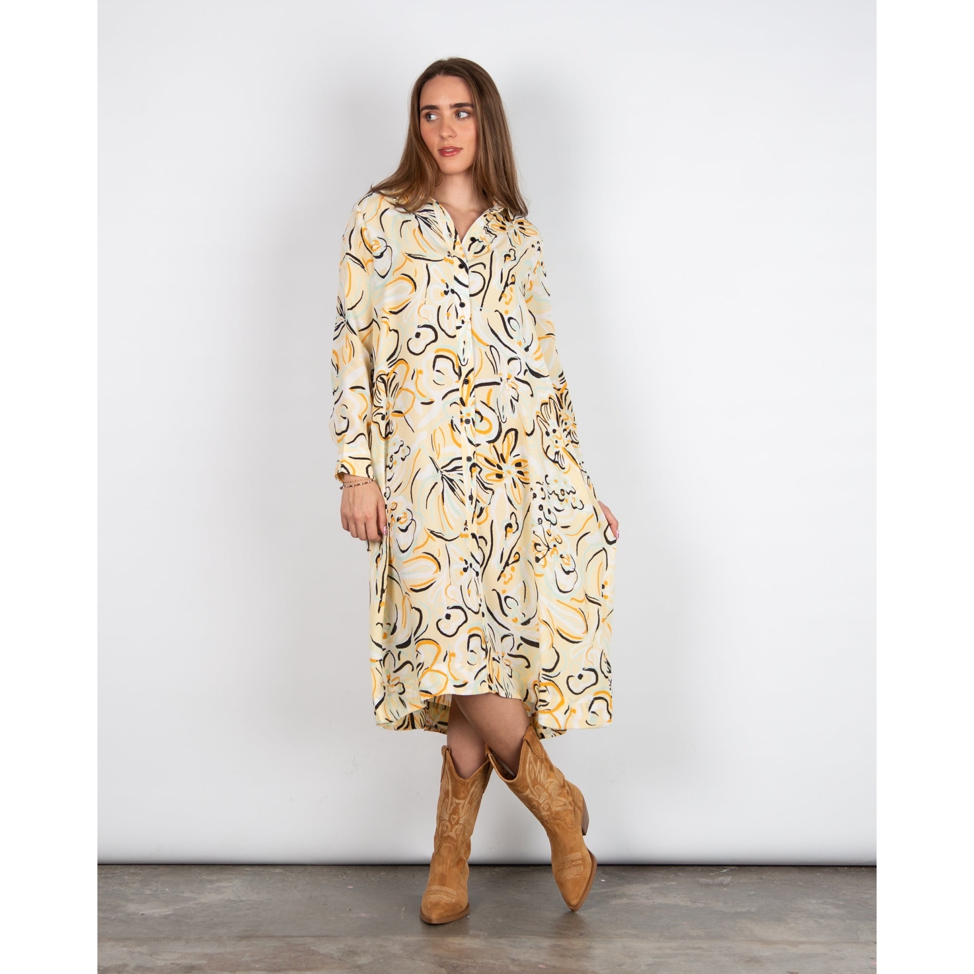 Masai Nausica Sketched Flower Print Tie Waist Shirt Dress Yellow/black