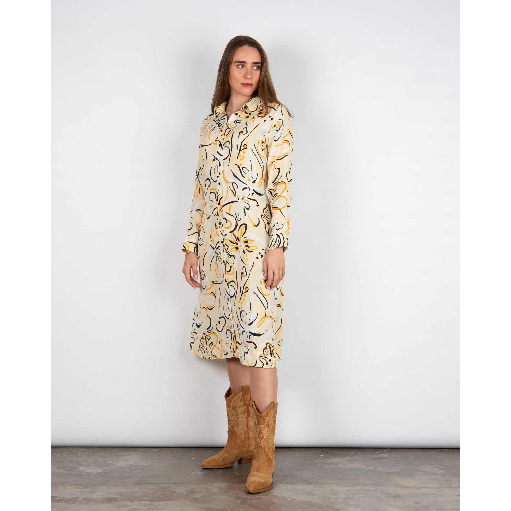 Masai Nausica Sketched Flower Print Tie Waist Shirt Dress Yellow/black