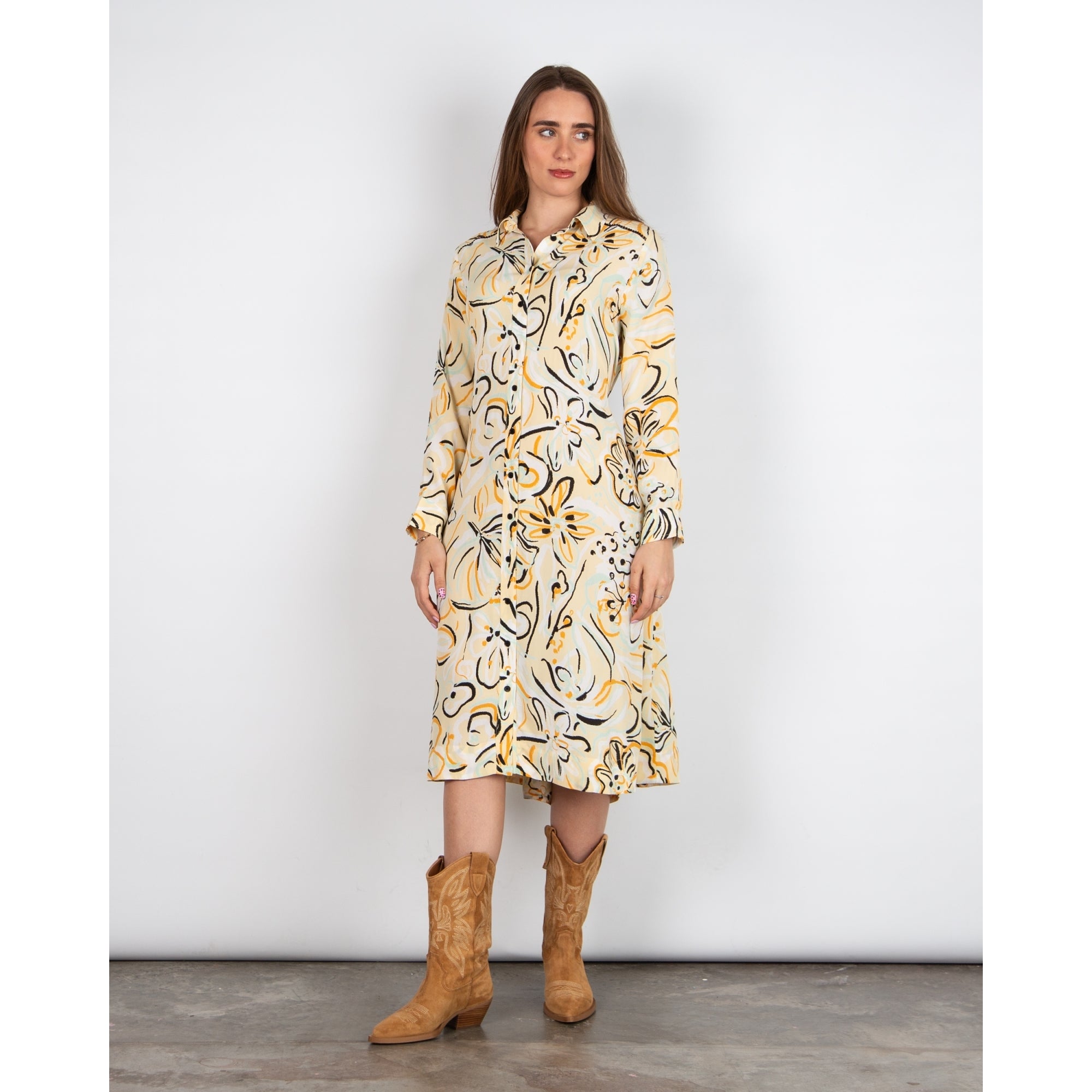 Masai Nausica Sketched Flower Print Tie Waist Shirt Dress Yellow/black