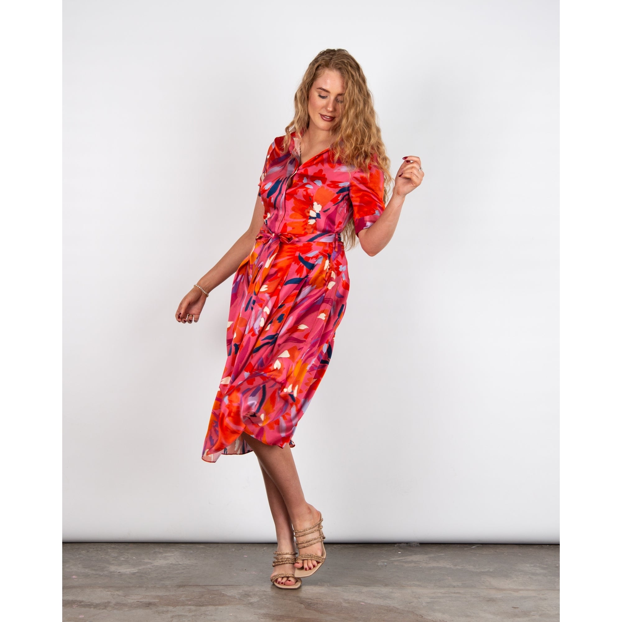 Charlotte Sparre Peggy Painted Print Pleat Silk Belted Shirt Dress Pink Mix