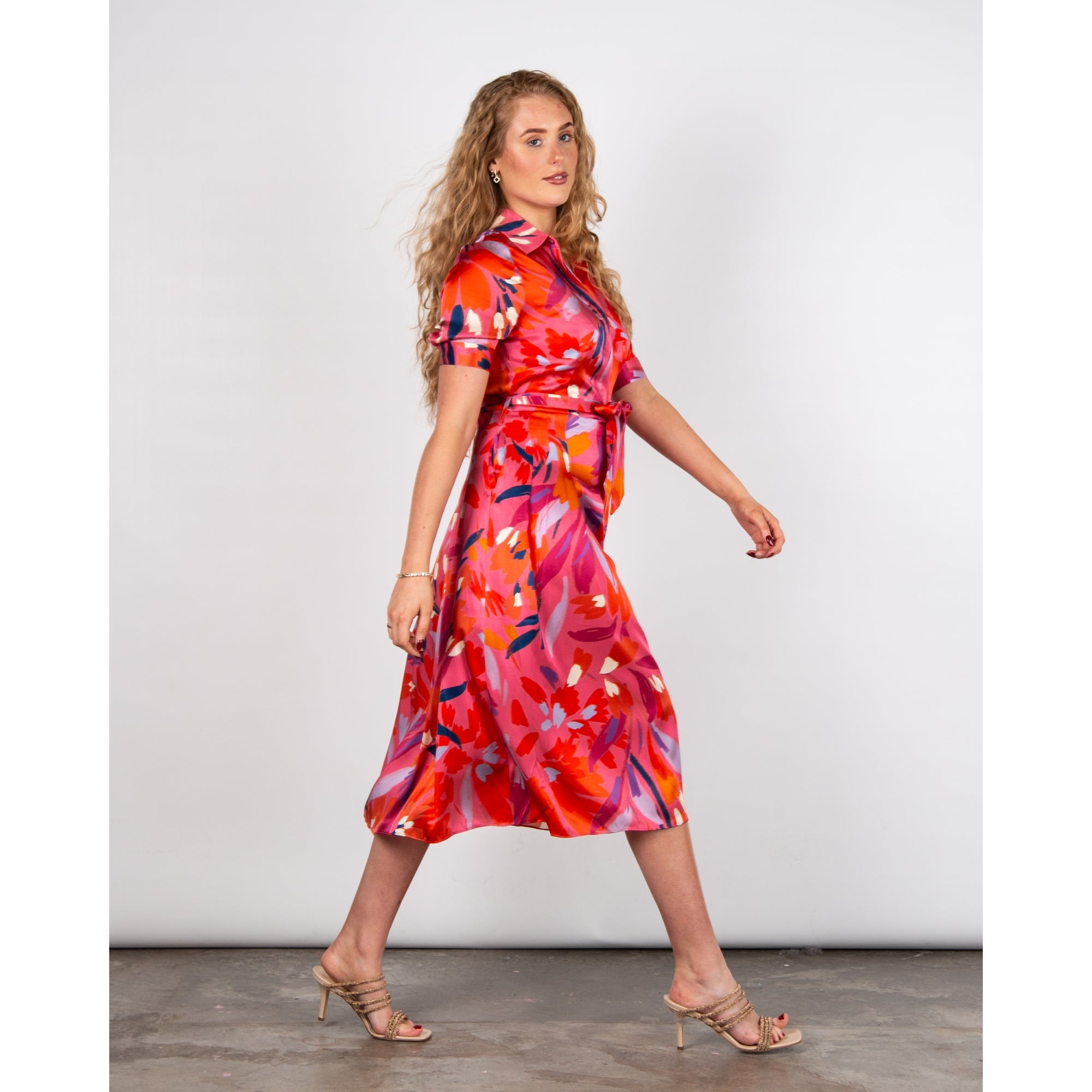 Charlotte Sparre Peggy Painted Print Pleat Silk Belted Shirt Dress Pink Mix