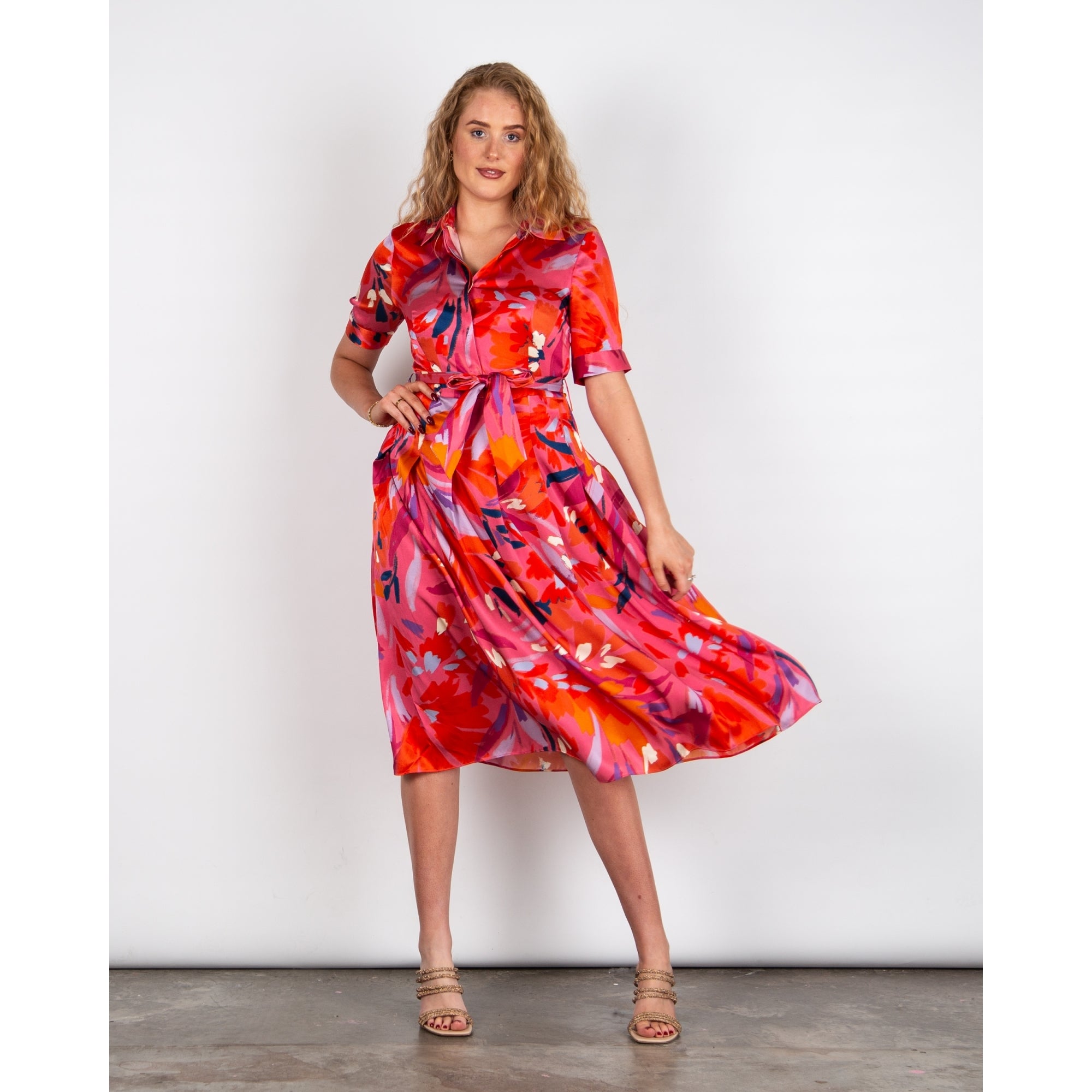 Charlotte Sparre Peggy Painted Print Pleat Silk Belted Shirt Dress Pink Mix