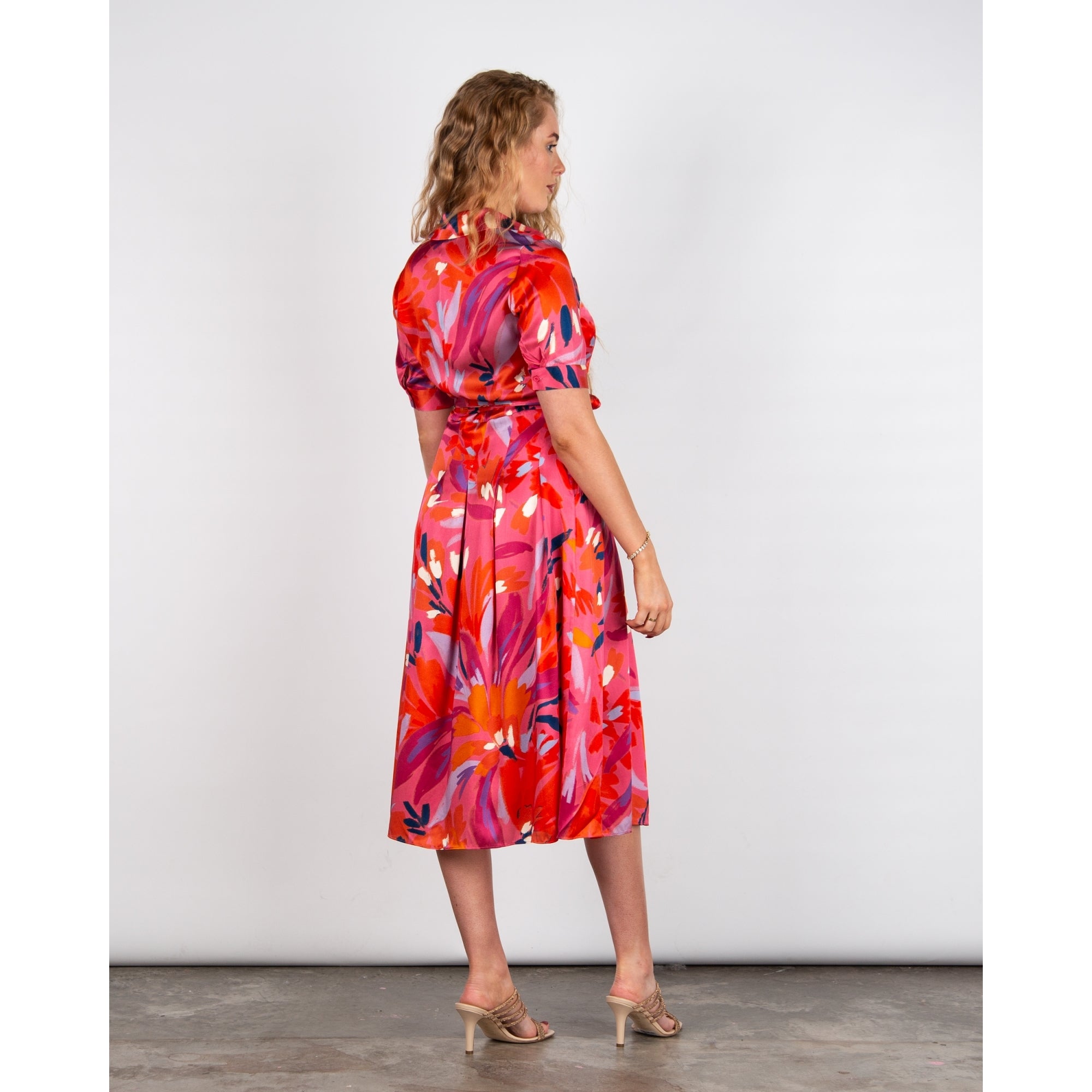 Charlotte Sparre Peggy Painted Print Pleat Silk Belted Shirt Dress Pink Mix