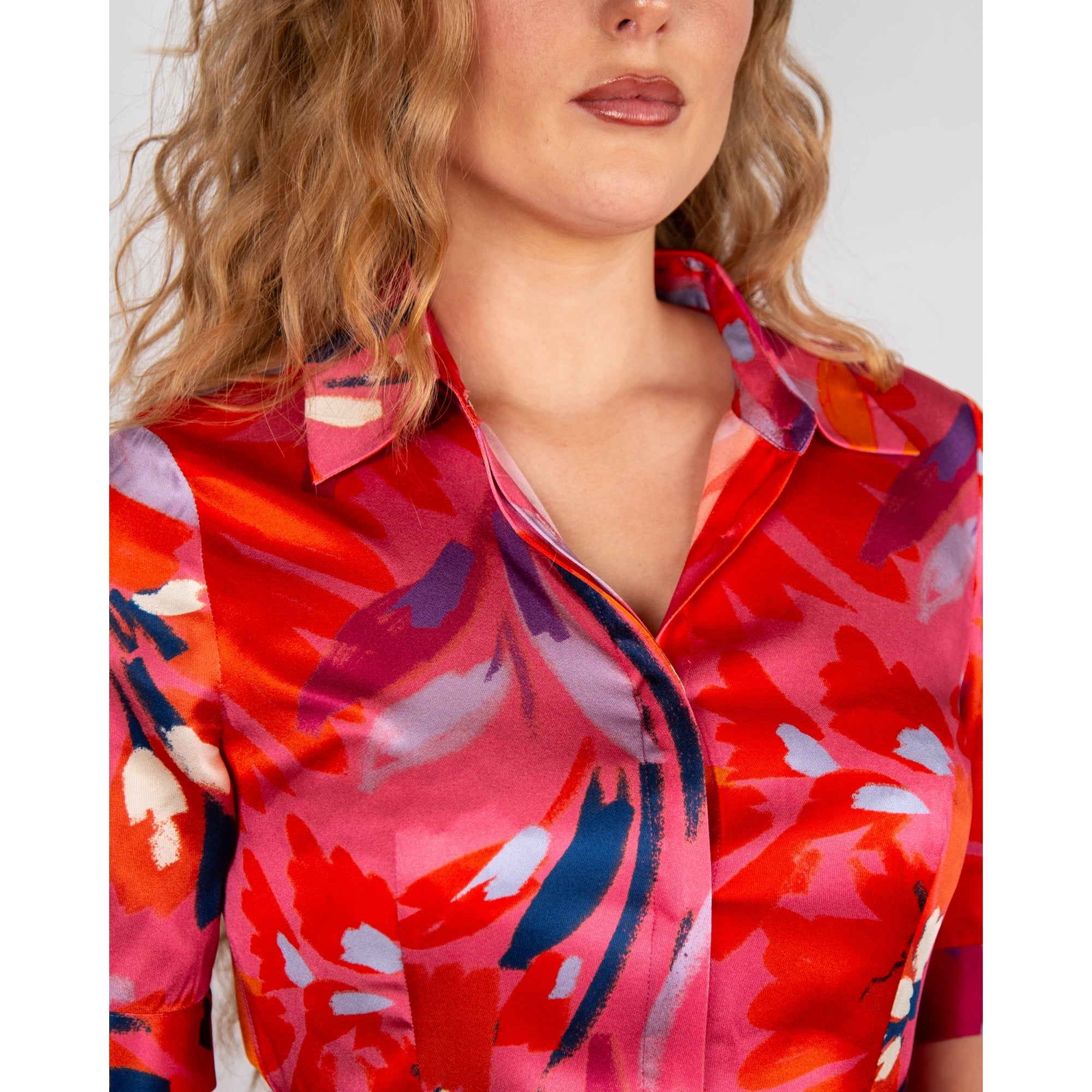 Charlotte Sparre Peggy Painted Print Pleat Silk Belted Shirt Dress Pink Mix