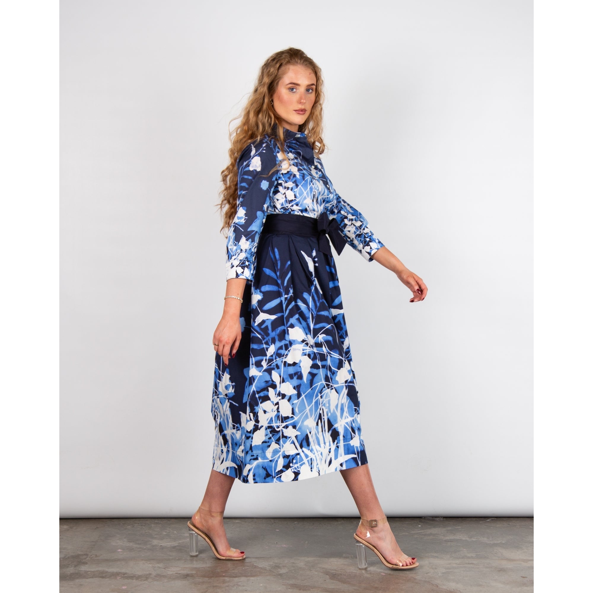Sara Roka ElenaT85 Botanic Print Pocket Front Shirt Dress Navy/white 190 - BELT SOLD SEPARATELY