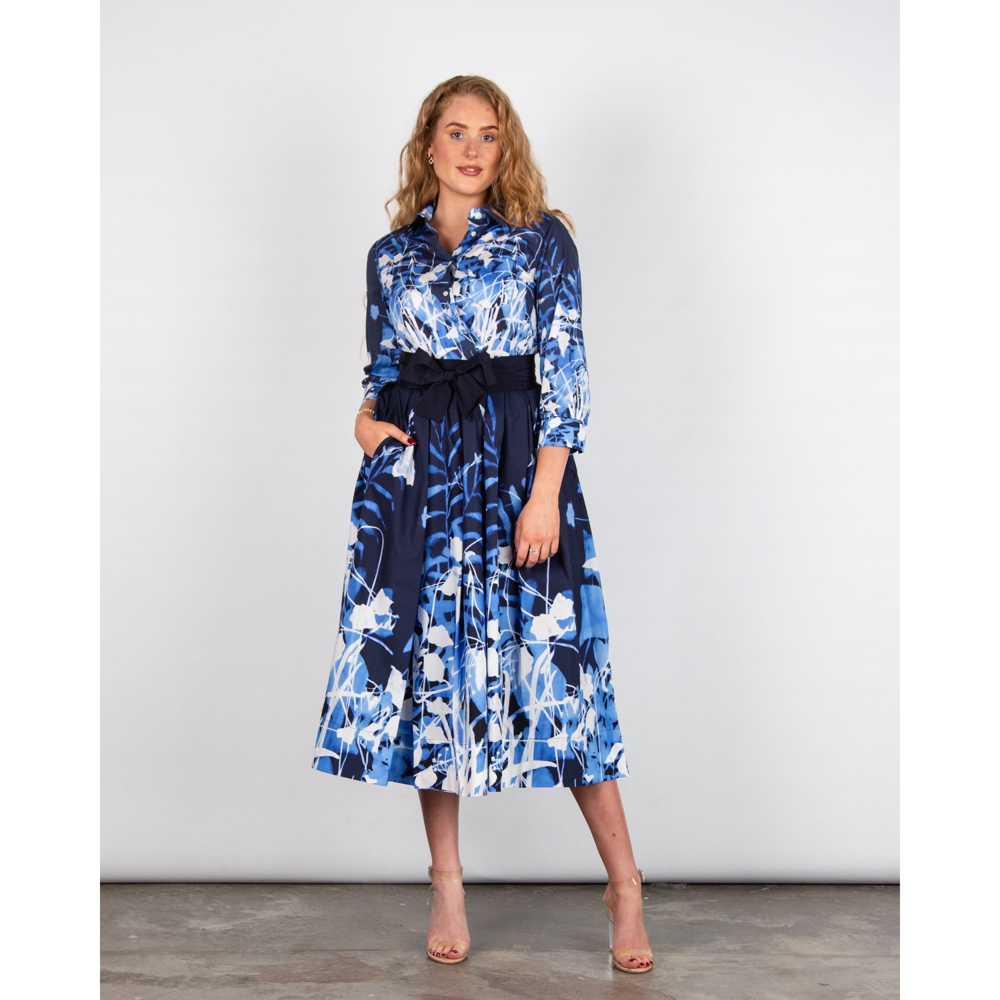 Sara Roka ElenaT85 Botanic Print Pocket Front Shirt Dress Navy/white 190 - BELT SOLD SEPARATELY