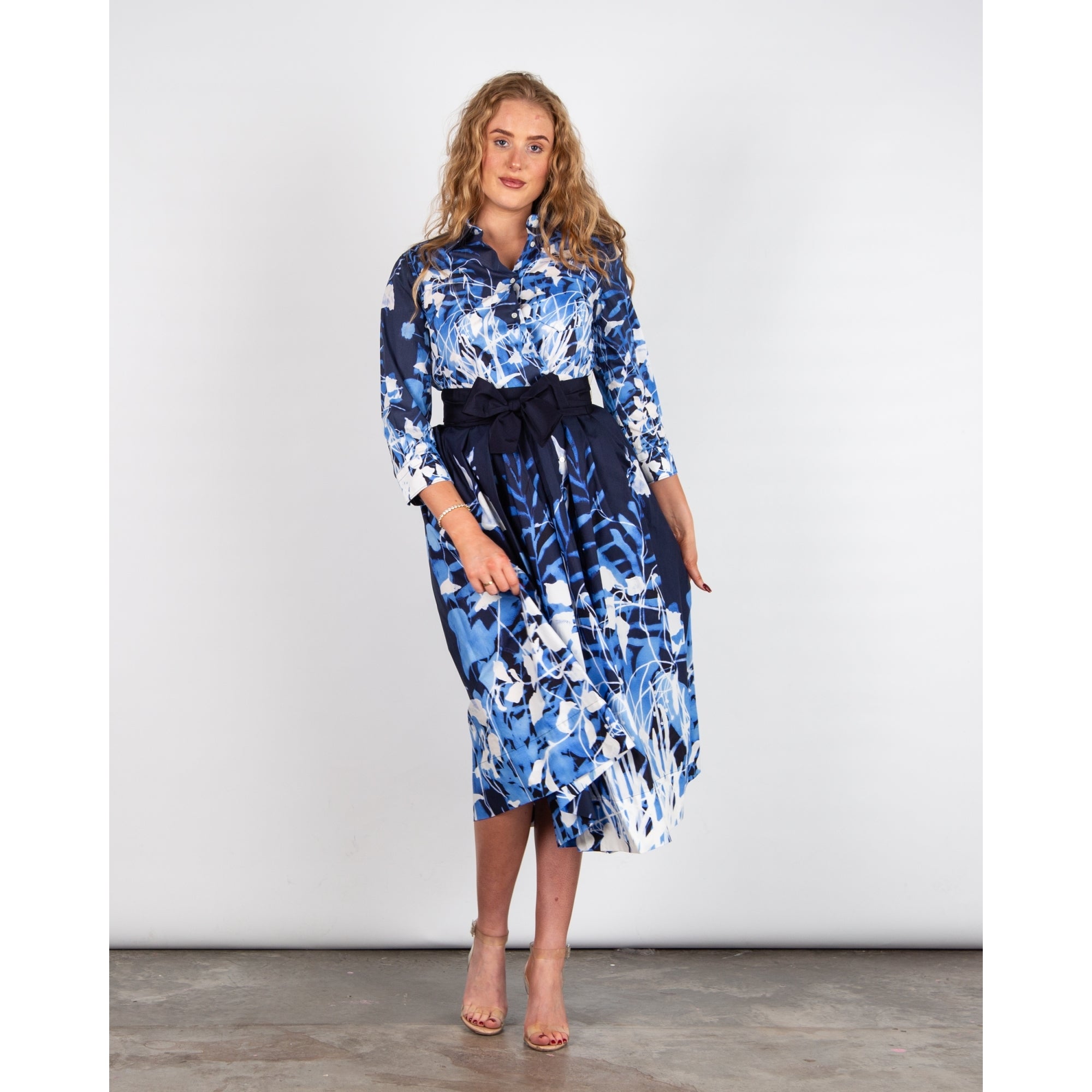 Sara Roka ElenaT85 Botanic Print Pocket Front Shirt Dress Navy/white 190 - BELT SOLD SEPARATELY