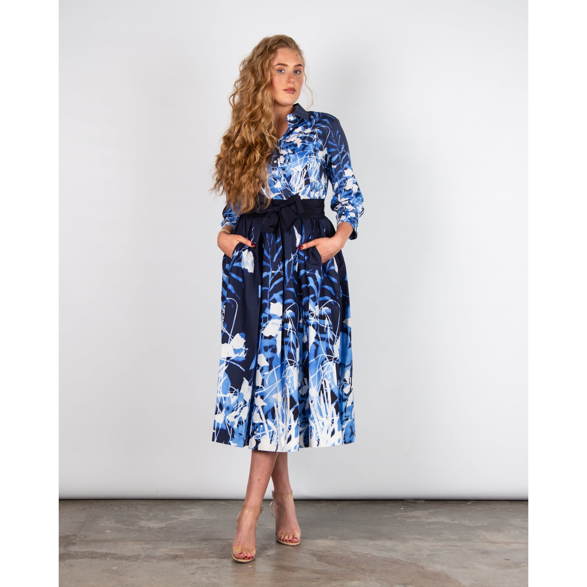 Sara Roka ElenaT85 Botanic Print Pocket Front Shirt Dress Navy/white 190 - BELT SOLD SEPARATELY