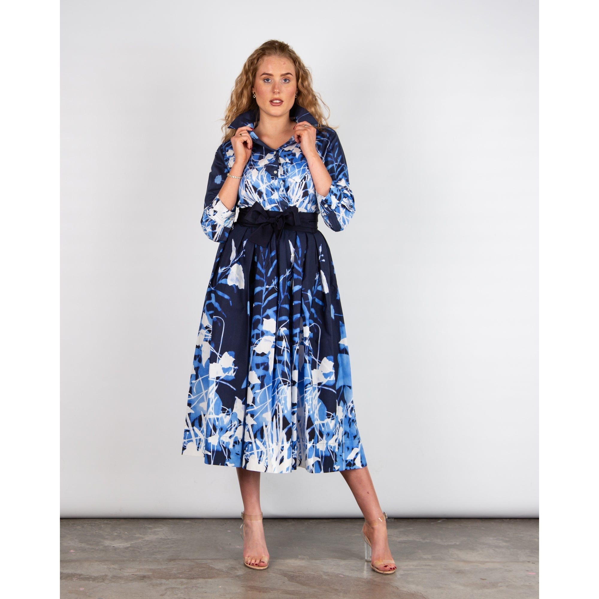 Sara Roka ElenaT85 Botanic Print Pocket Front Shirt Dress Navy/white 190 - BELT SOLD SEPARATELY