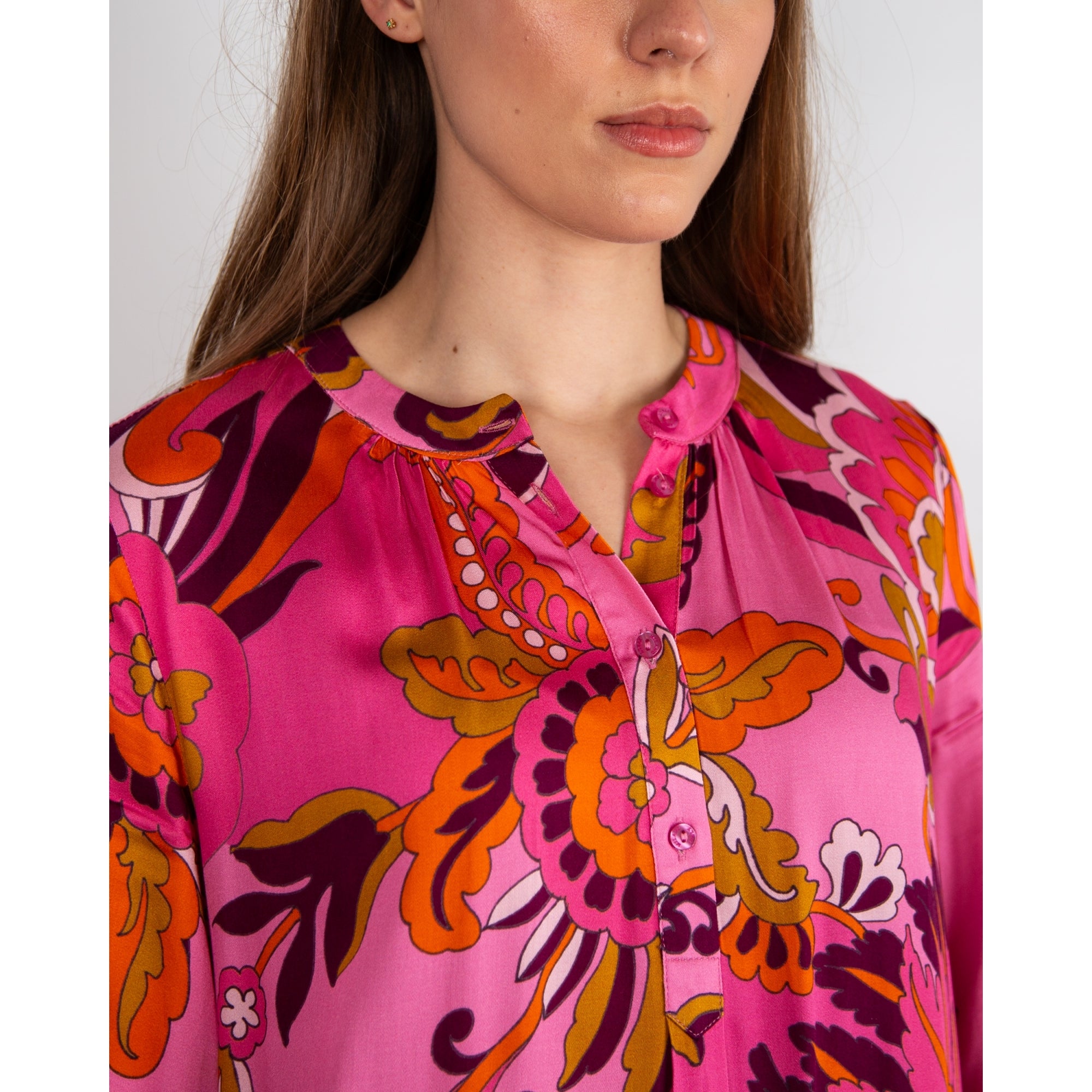 Milano Italy Blown Floral Collarless Loose Bodied Dress Pink Mix