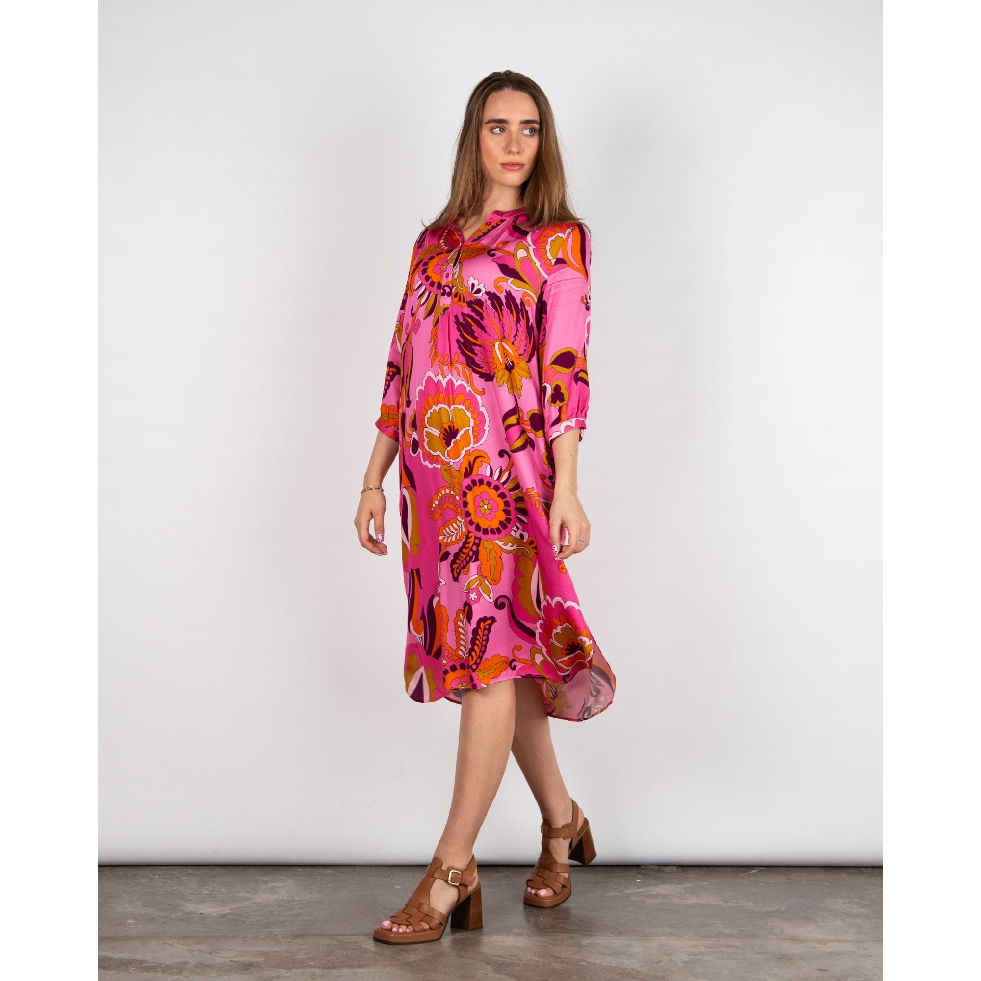 Milano Italy Blown Floral Collarless Loose Bodied Dress Pink Mix