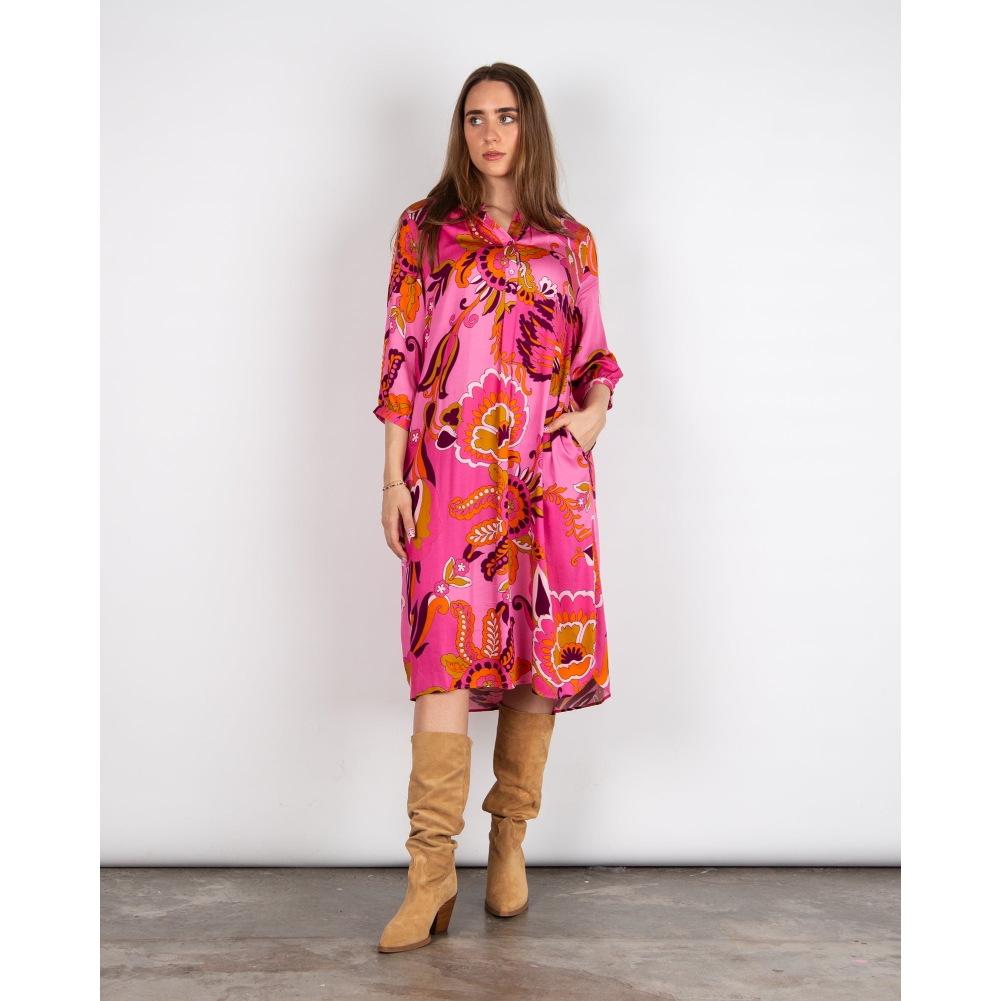 Milano Italy Blown Floral Collarless Loose Bodied Dress Pink Mix