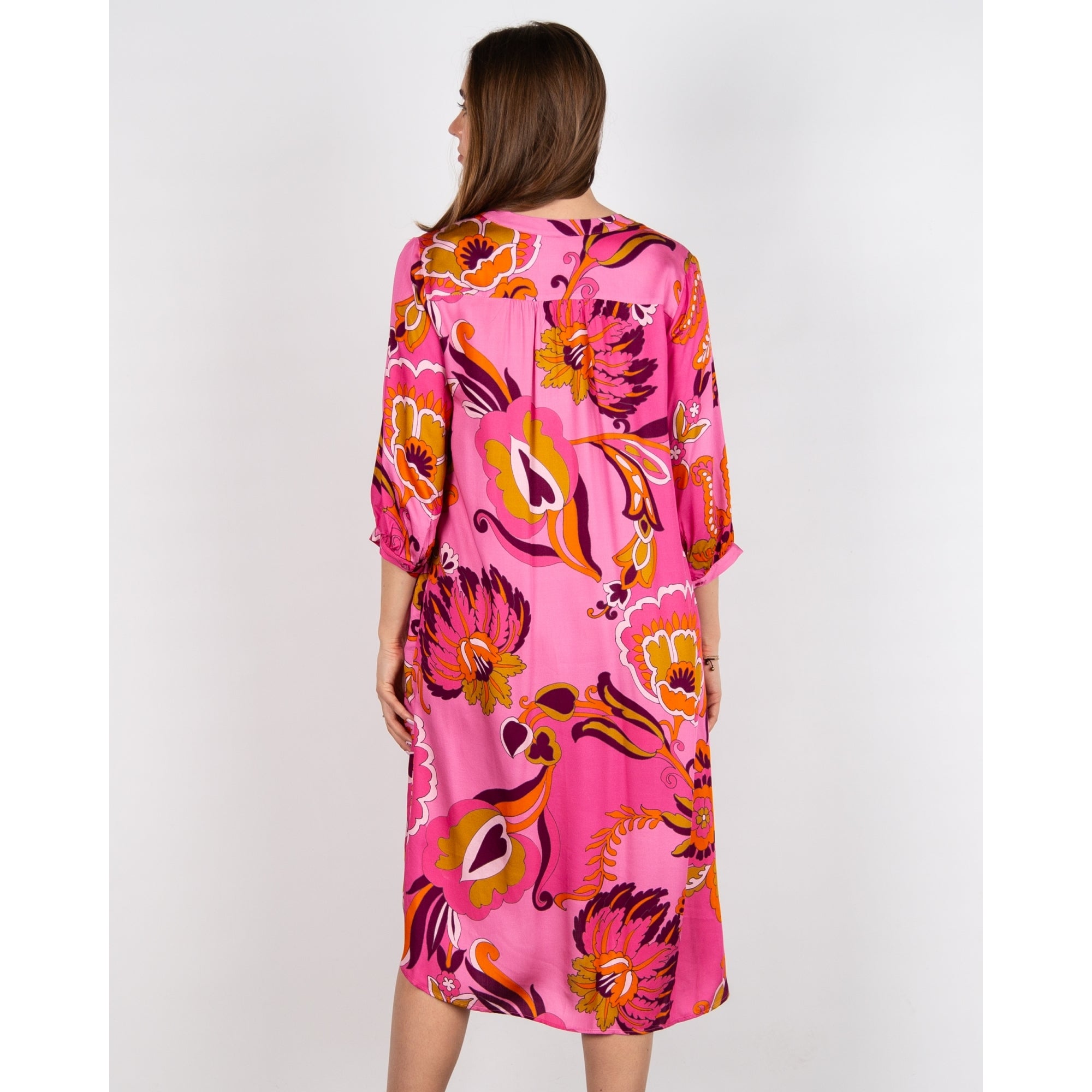 Milano Italy Blown Floral Collarless Loose Bodied Dress Pink Mix