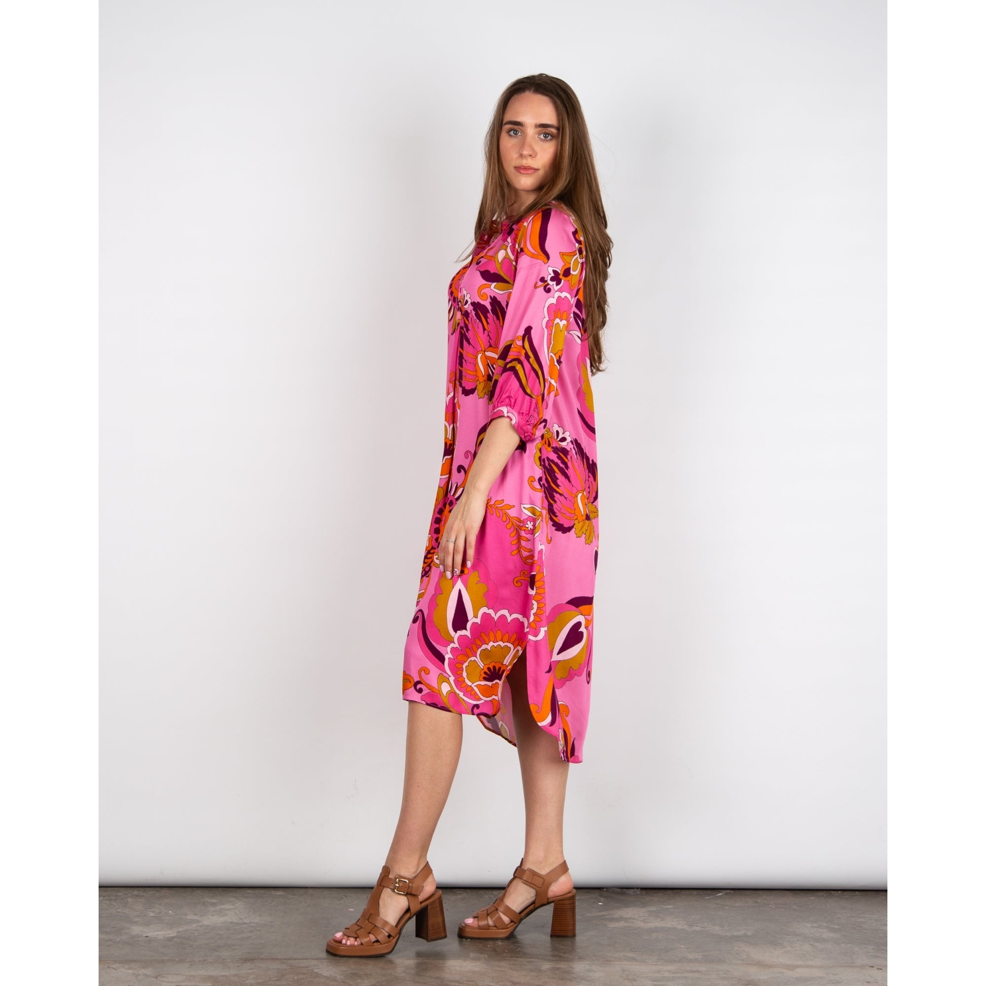 Milano Italy Blown Floral Collarless Loose Bodied Dress Pink Mix