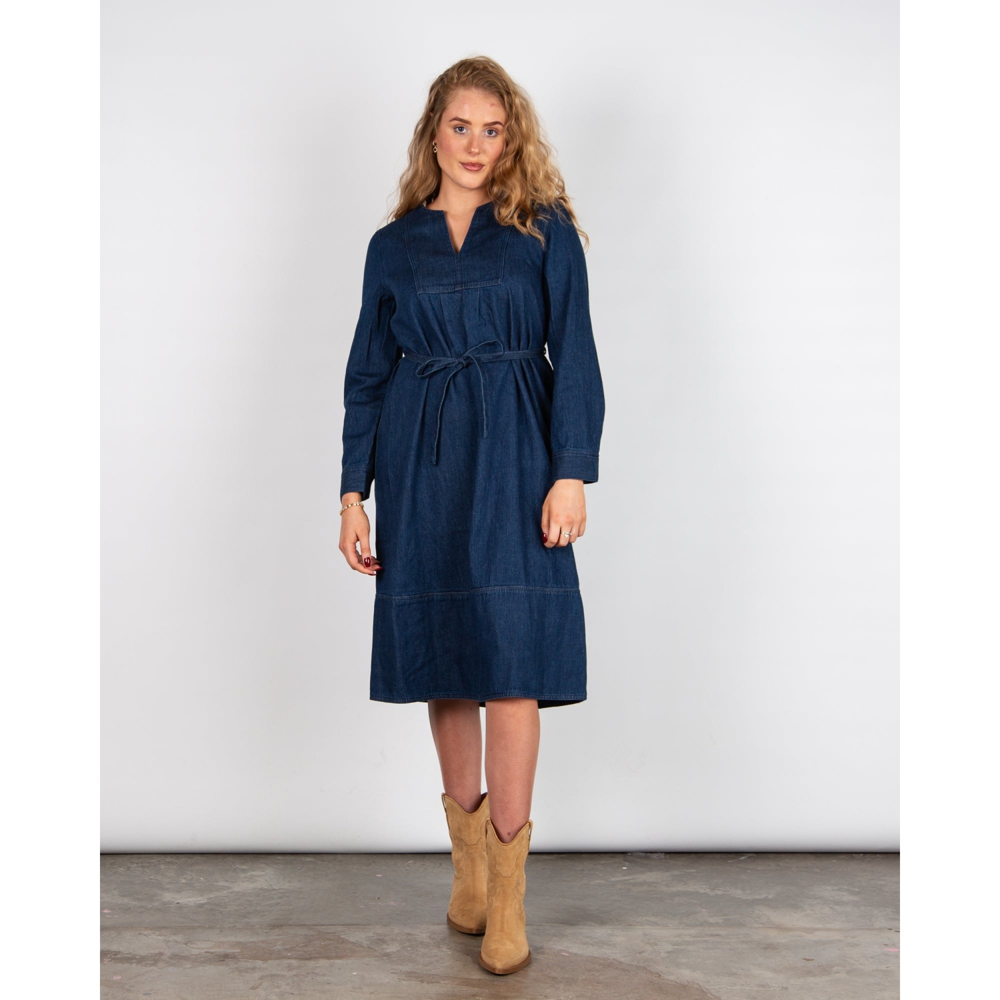 Masai Nisha Split Neck Belted Denim Tunic Dress Dark Denim