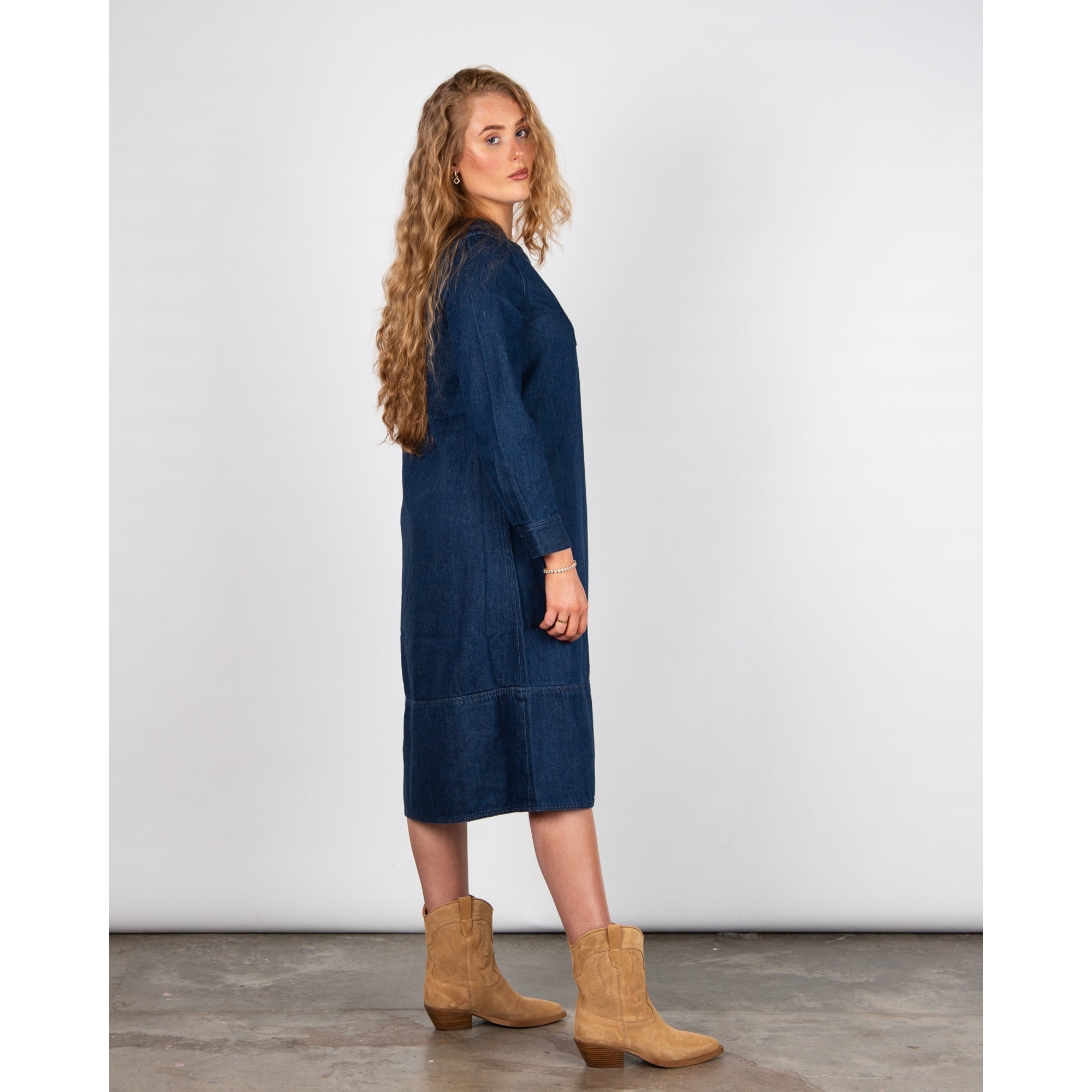 Masai Nisha Split Neck Belted Denim Tunic Dress Dark Denim