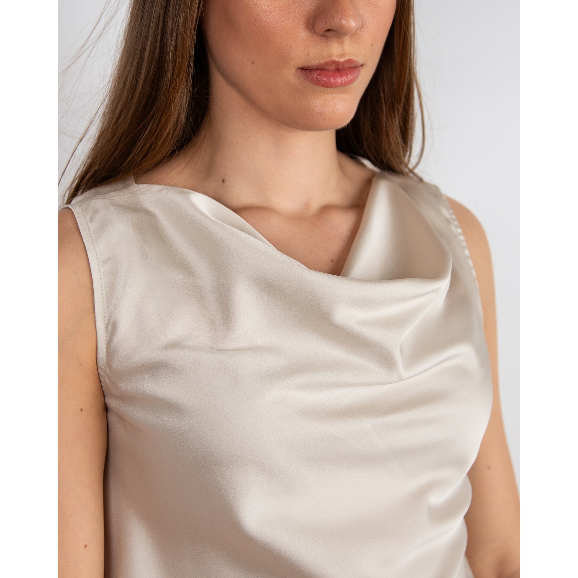Bariloche Jerez Cowl Neck Sleeveless Satin Feel Top Oyster