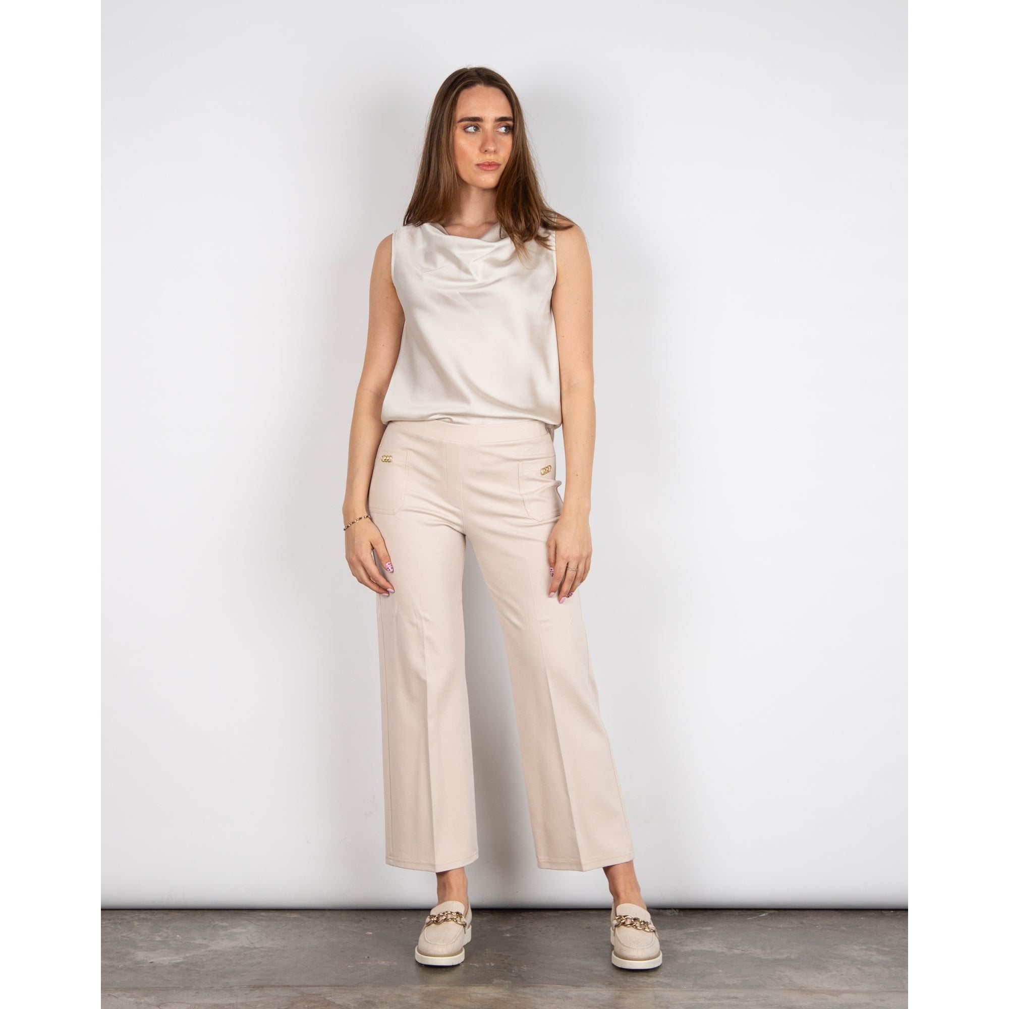 Bariloche Jerez Cowl Neck Sleeveless Satin Feel Top Oyster