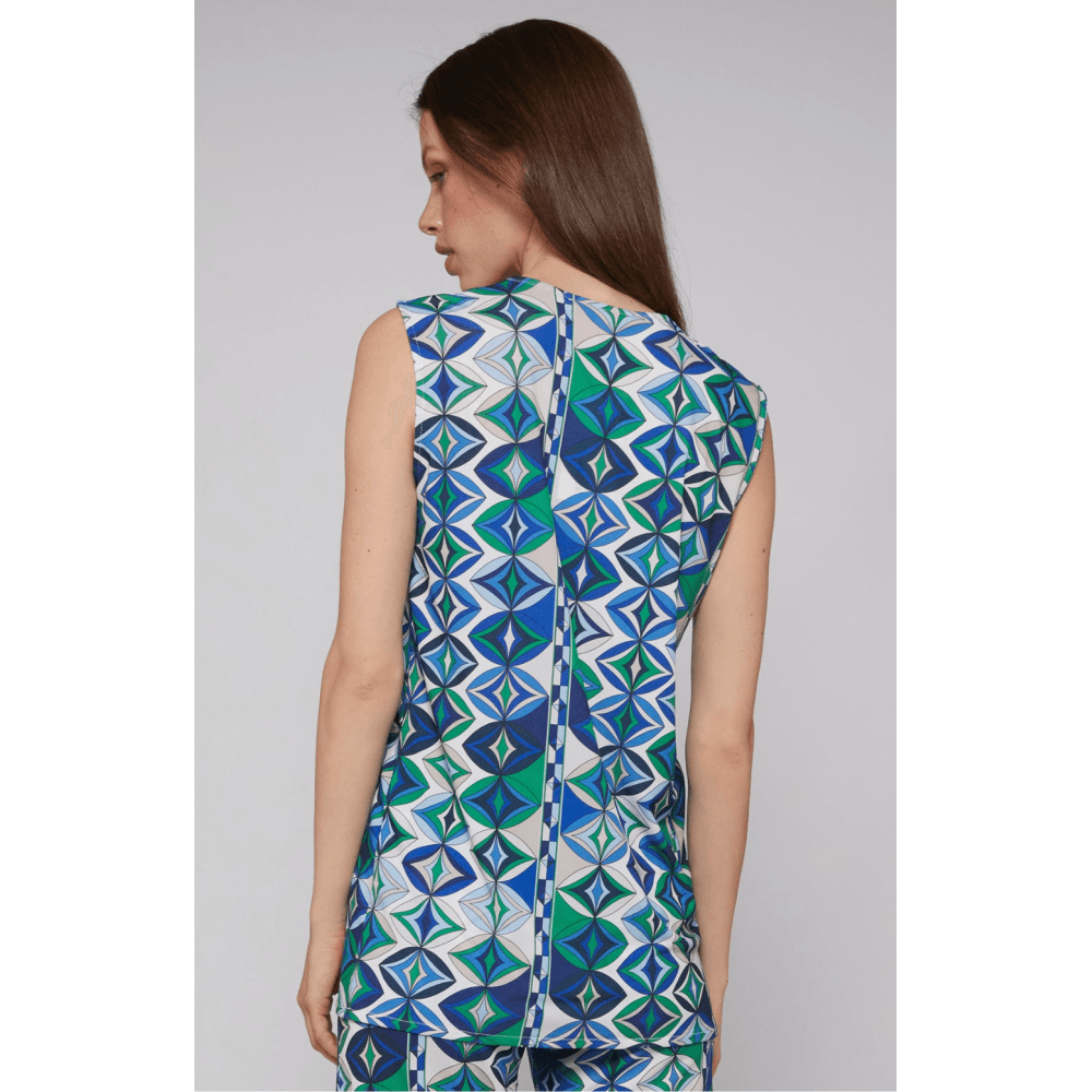 Vilagallo Orianna Geometric V Neck Sleeveless Pleat Front Top Green/blue/white