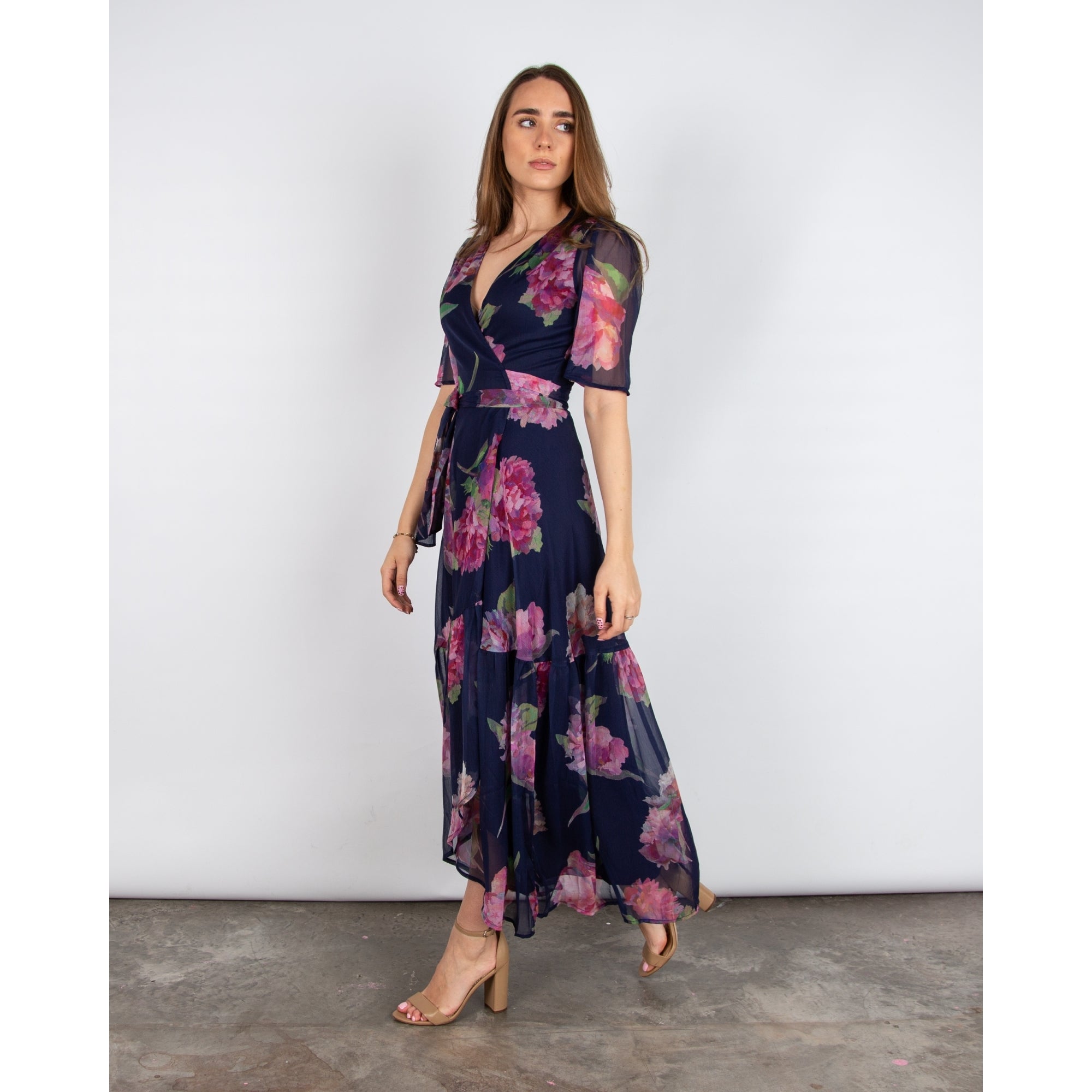 Hope And Ivy Ashia Floral Tie Side Wrap Dress With Tiered Hem Navy/pink