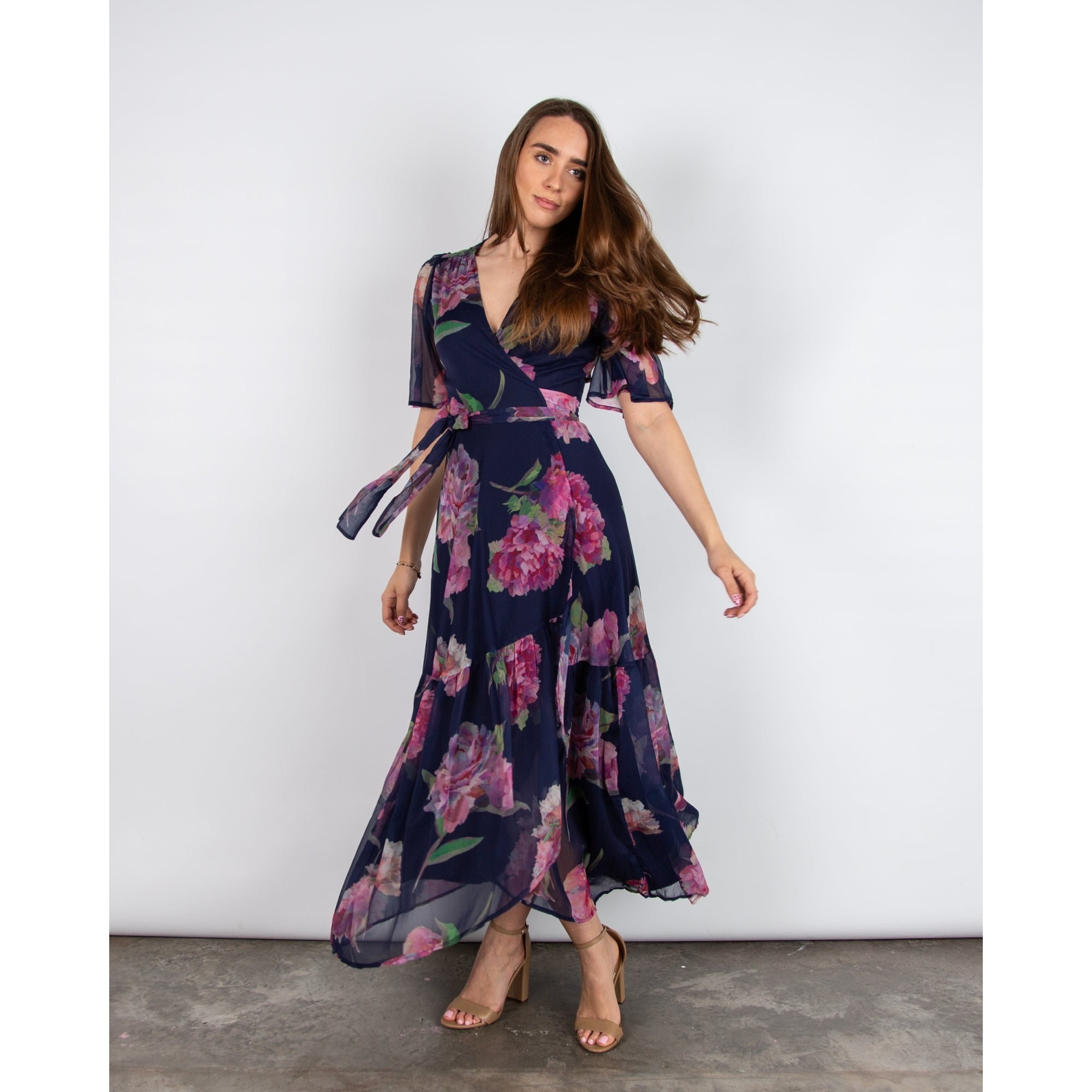 Hope And Ivy Ashia Floral Tie Side Wrap Dress With Tiered Hem Navy/pink