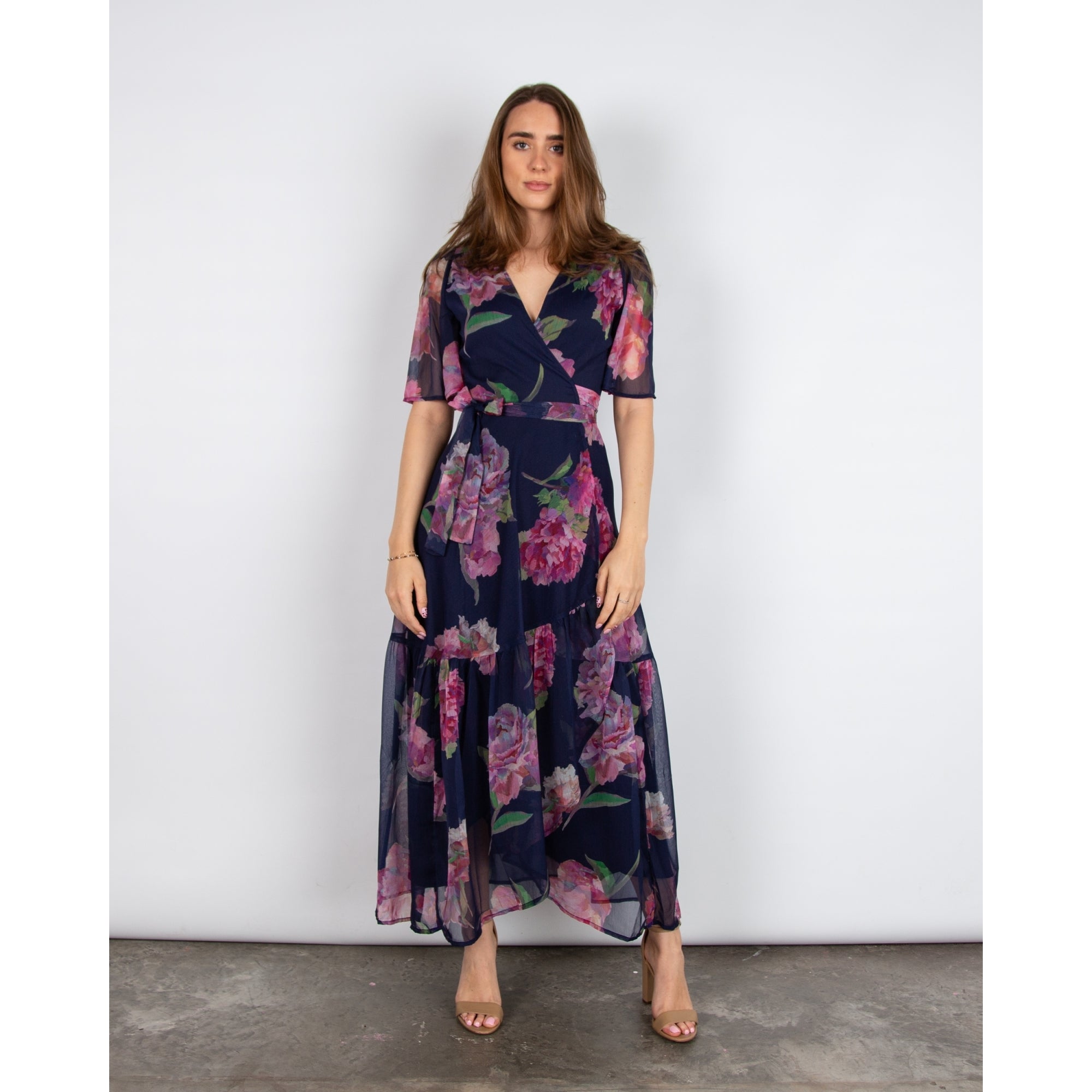 Hope And Ivy Ashia Floral Tie Side Wrap Dress With Tiered Hem Navy/pink