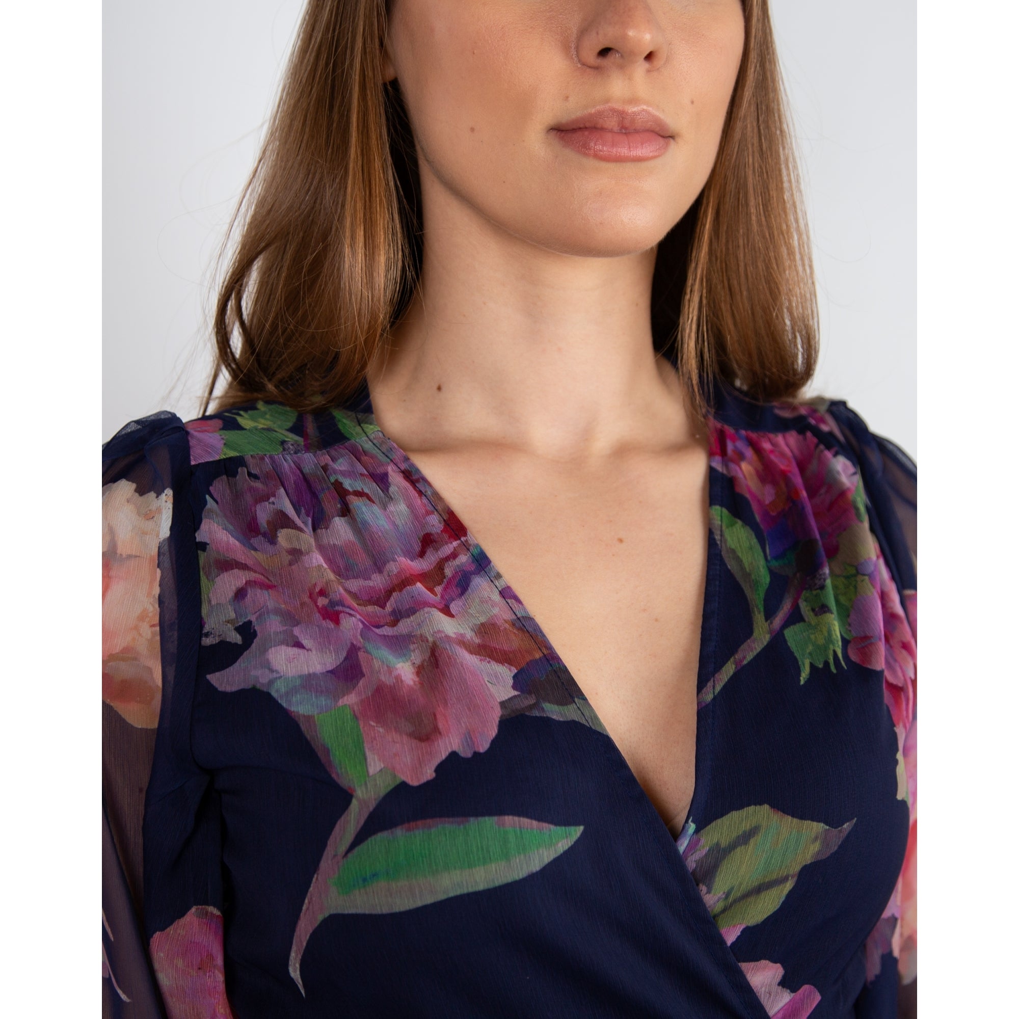 Hope And Ivy Ashia Floral Tie Side Wrap Dress With Tiered Hem Navy/pink