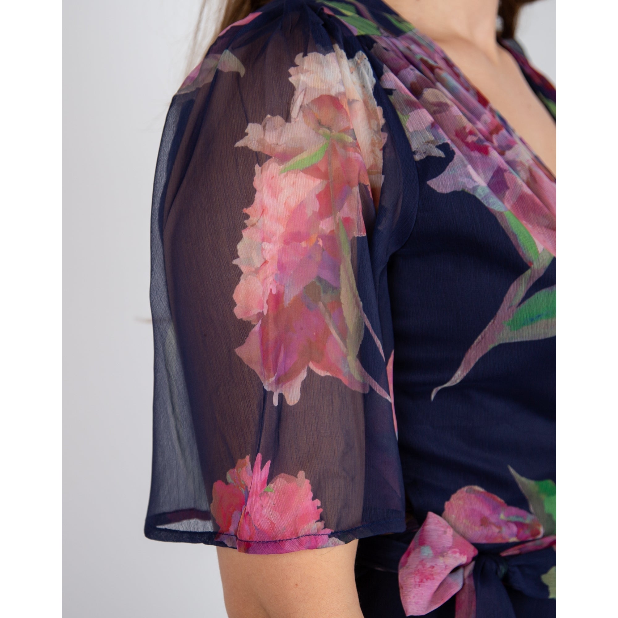 Hope And Ivy Ashia Floral Tie Side Wrap Dress With Tiered Hem Navy/pink
