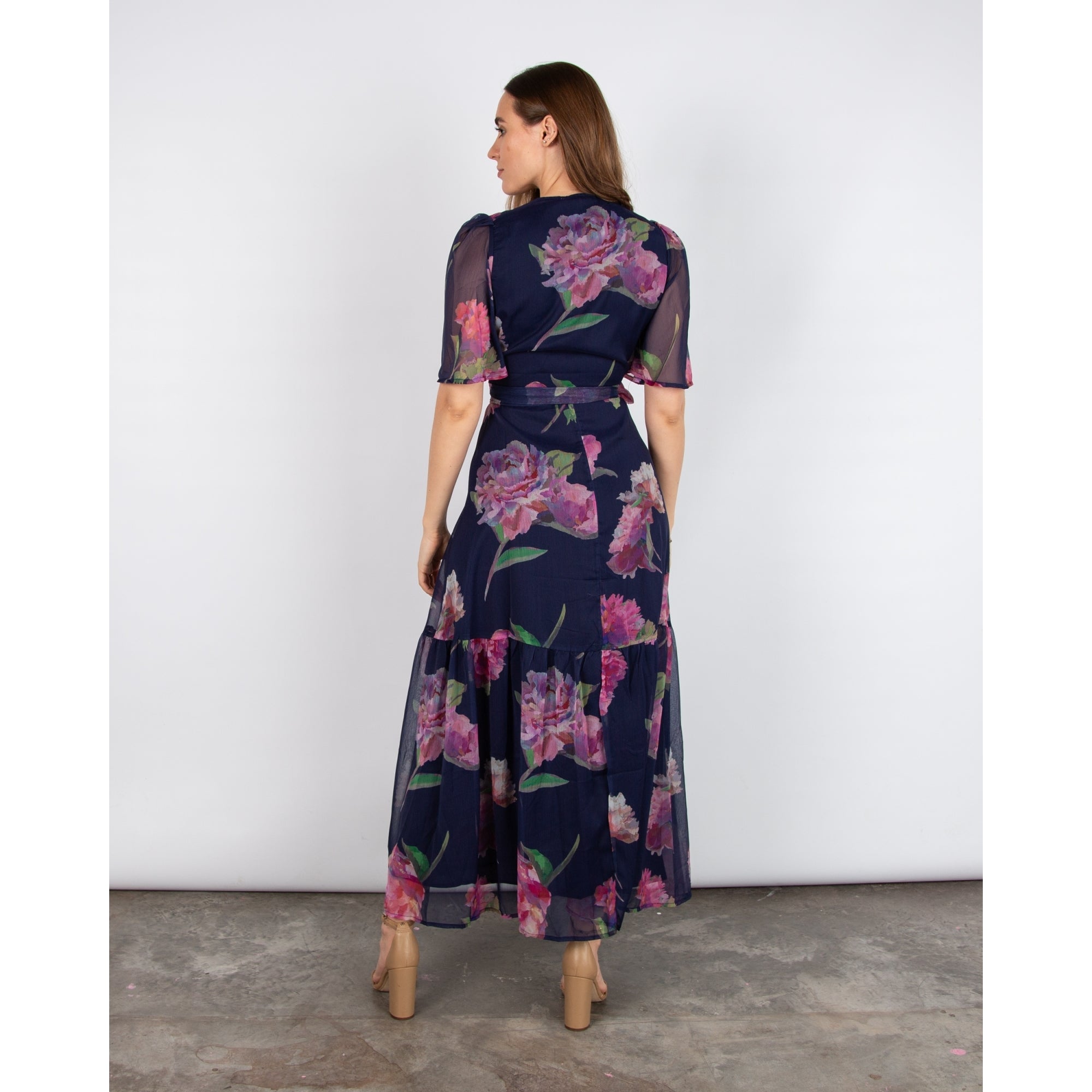 Hope And Ivy Ashia Floral Tie Side Wrap Dress With Tiered Hem Navy/pink