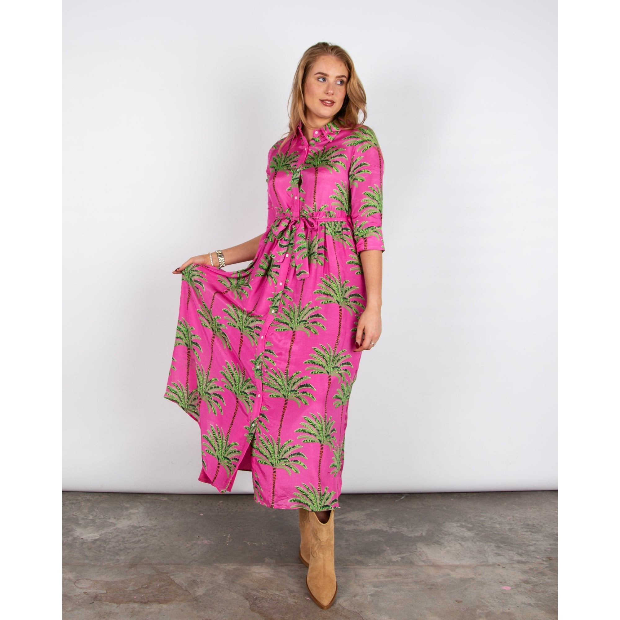 Vilagallo Natalia Palm Tree Print Belted Cotton Shirt Dress Pink/green