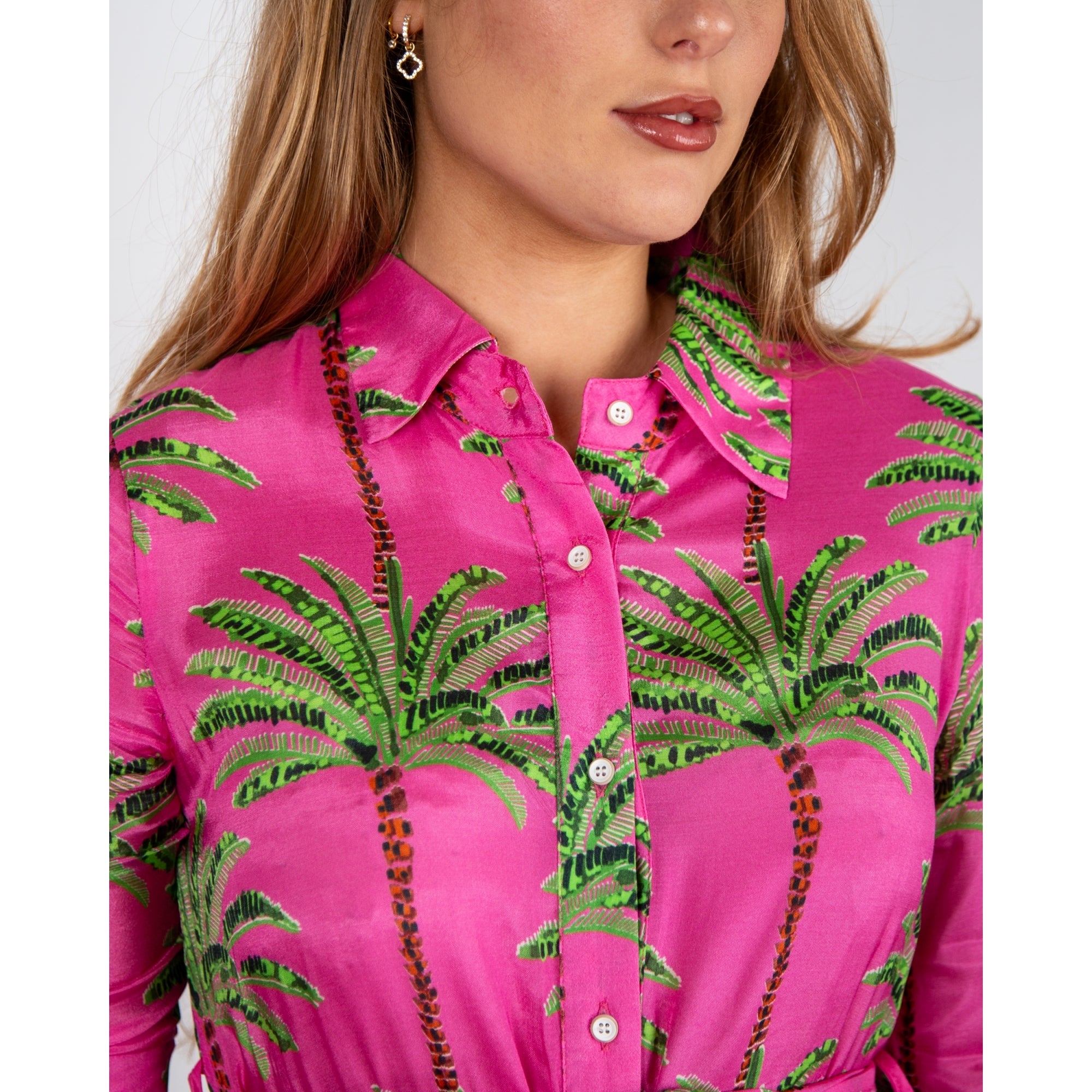 Vilagallo Natalia Palm Tree Print Belted Cotton Shirt Dress Pink/green