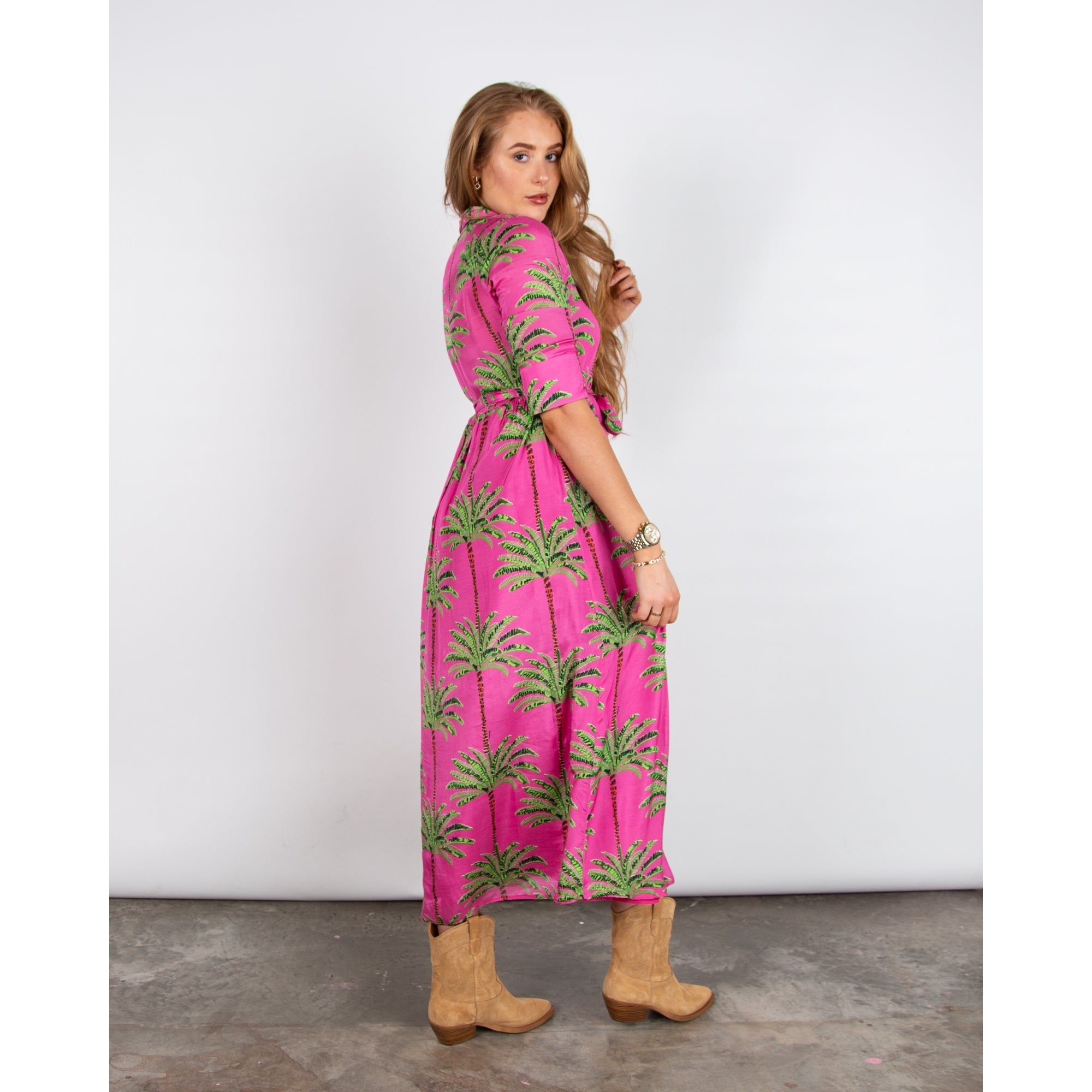 Vilagallo Natalia Palm Tree Print Belted Cotton Shirt Dress Pink/green